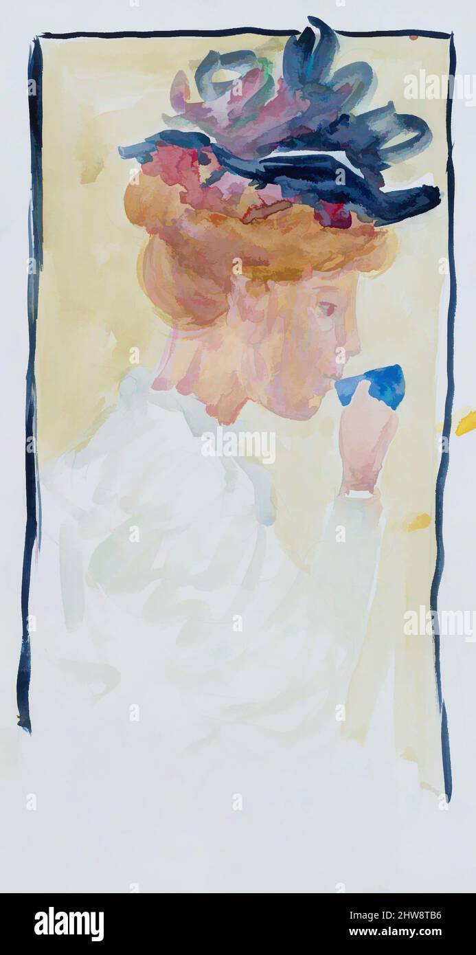 Kunst inspiriert vom großen Boston Public Garden Skizzenbuch: Eine Frau, die aus einer Tasse trinkt, 1895–97, Recto: Aquarell über Bleistift, eingefasst mit Bleistift und Aquarell, 14 1/8 x 11 3/16 Zoll (35,8 x 28,4 cm), Zeichnungen, Maurice Brazil Prendergast (Amerikaner, St. John’s, Neufundland 1858–1924 Neue, klassische Werke, die von Artotop mit einem Schuss Moderne modernisiert wurden. Formen, Farbe und Wert, auffällige visuelle Wirkung auf Kunst. Emotionen durch Freiheit von Kunstwerken auf zeitgemäße Weise. Eine zeitlose Botschaft, die eine wild kreative neue Richtung verfolgt. Künstler, die sich dem digitalen Medium zuwenden und die Artotop NFT erschaffen Stockfoto