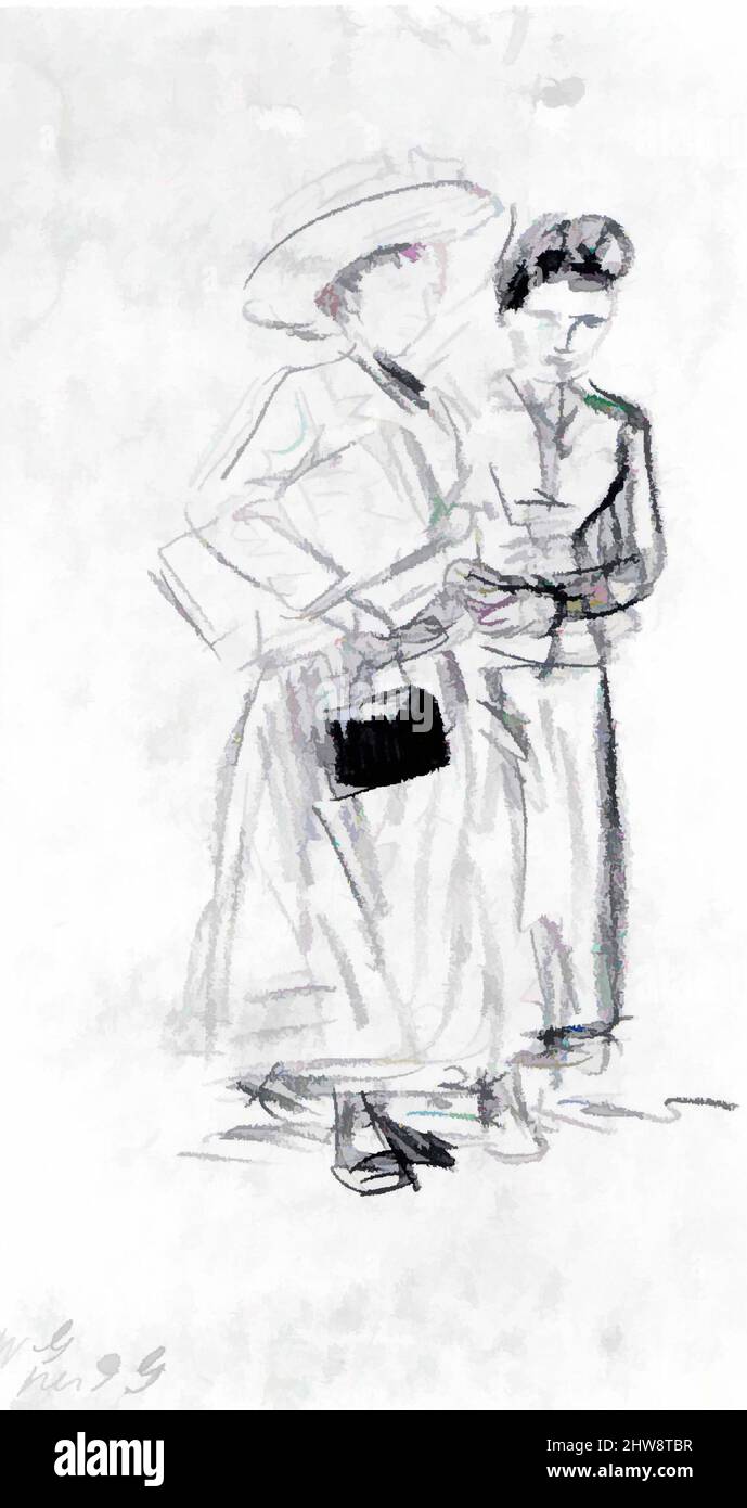 Kunst inspiriert von zwei Wanderfrauen, ca. 1905–10, Schwarze Kreide auf braunem Papier, 8 1/8 x 5 3/16 Zoll (20,7 x 13,1 cm), Zeichnungen, William James Glackens (American, Philadelphia, Pennsylvania 1870–1938 Westport, Connecticut, Klassische Werke, die von Artotop mit einem Schuss Moderne modernisiert wurden. Formen, Farbe und Wert, auffällige visuelle Wirkung auf Kunst. Emotionen durch Freiheit von Kunstwerken auf zeitgemäße Weise. Eine zeitlose Botschaft, die eine wild kreative neue Richtung verfolgt. Künstler, die sich dem digitalen Medium zuwenden und die Artotop NFT erschaffen Stockfoto