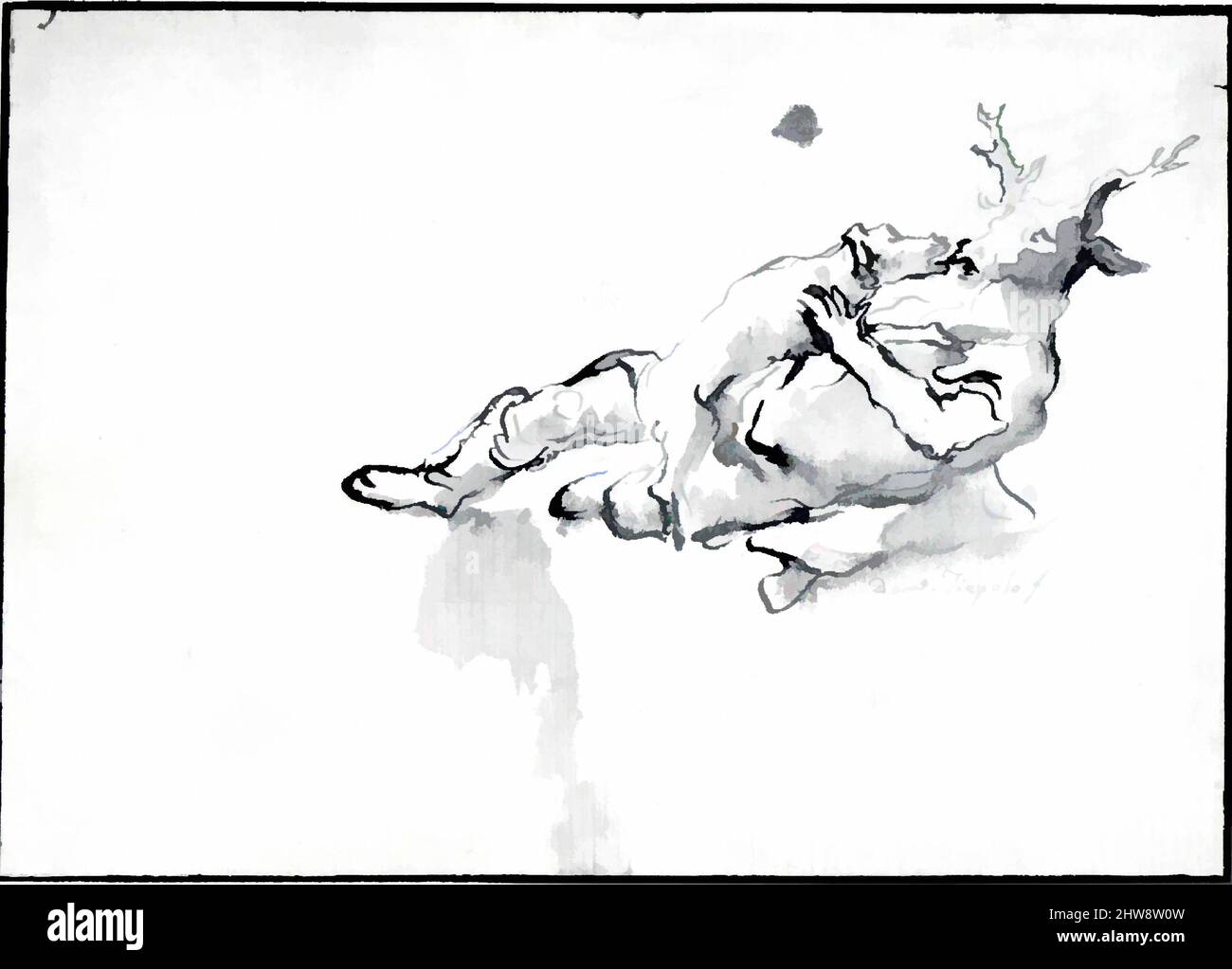 Kunst inspiriert von Actaeon, verwandelt in einen Stag, angegriffen von einem seiner eigenen Hunde, Ende 18. Jahrhundert, Feder und braune Tinte, braune Wäsche, 5 9/16 x 10 1/4 Zoll (14,2 x 26 cm), Zeichnungen, Giovanni Domenico Tiepolo (Italienisch, Venedig 1727–1804 Venedig, Klassische Werke, die von Artotop mit einem Schuss Moderne modernisiert wurden. Formen, Farbe und Wert, auffällige visuelle Wirkung auf Kunst. Emotionen durch Freiheit von Kunstwerken auf zeitgemäße Weise. Eine zeitlose Botschaft, die eine wild kreative neue Richtung verfolgt. Künstler, die sich dem digitalen Medium zuwenden und die Artotop NFT erschaffen Stockfoto
