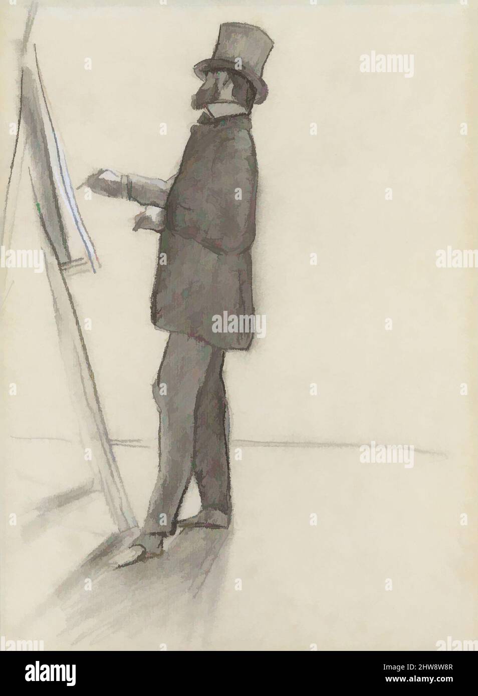 Manet und seine Easel, 1868–70 (?), Kohle, blau-weiße Kreide auf blauem Papier verblasst zu gelbgrau, 11 5/8 x 8 7/16 Zoll (29,5 x 21,5 cm), Zeichnungen, Jean-Frédéric Bazille (französisch, Montpellier 1841–1870 Beaune-la-Rolande), Diese sensible Zeichnung zeugt von der Zusammenarbeit und Freundschaft unter den prominenten impressionistischen Malern. Sie entstand wahrscheinlich in Bazilles Pariser Atelier in der Rue de la Condamine, nur ein Jahr vor dem frühen Tod des Künstlers im französisch-preußischen Krieg, als seine Beziehung zu Manet besonders eng geworden war Stockfoto