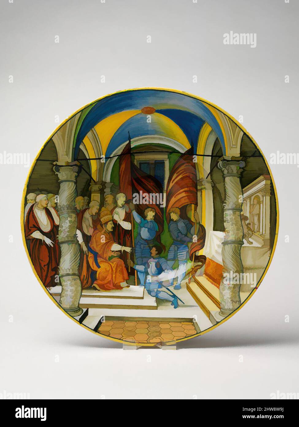 Kunst inspiriert von großen Teller (Tagliere): Papst Leo X präsentiert einen Stab an Federigo II Gonzaga, marquis von Mantua, bei seiner Ernennung zum Generalkapitän der Kirche im Jahr 1521., ca. 1525–30, Maiolica (zinnglasierte Steinwaren), Durchmesser: 19 1/16 Zoll (48,4cm), Keramik-Keramik, Nicola da, Klassisches Werk, das von Artotop mit einem Schuss Moderne modernisiert wurde. Formen, Farbe und Wert, auffällige visuelle Wirkung auf Kunst. Emotionen durch Freiheit von Kunstwerken auf zeitgemäße Weise. Eine zeitlose Botschaft, die eine wild kreative neue Richtung verfolgt. Künstler, die sich dem digitalen Medium zuwenden und die Artotop NFT erschaffen Stockfoto