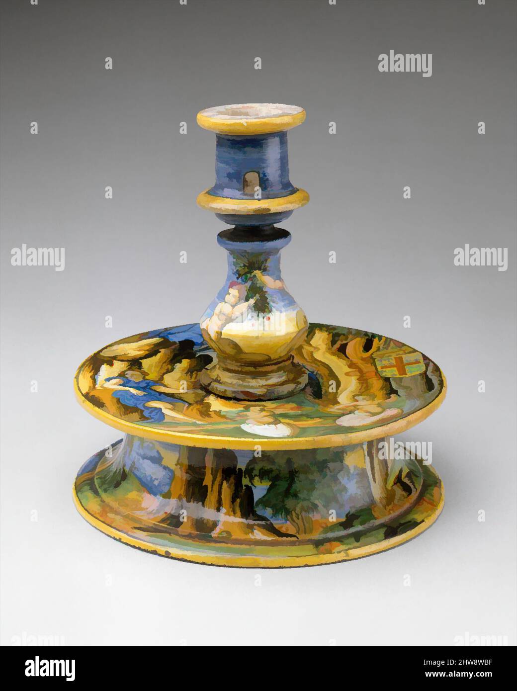 Kunst inspiriert von Candlestick (Candeliere), 1535, Italienisch, Urbino, Maiolica (verzinntes Steingut), Höhe: 8 1/16 Zoll (20,5 cm), Keramik-Keramik, Werkstatt von Guido Durantino (italienisch, Urbino, aktiv 1516–ca. 1576, Classic Works modernisiert von Artotop mit einem Schuss Moderne. Formen, Farbe und Wert, auffällige visuelle Wirkung auf Kunst. Emotionen durch Freiheit von Kunstwerken auf zeitgemäße Weise. Eine zeitlose Botschaft, die eine wild kreative neue Richtung verfolgt. Künstler, die sich dem digitalen Medium zuwenden und die Artotop NFT erschaffen Stockfoto