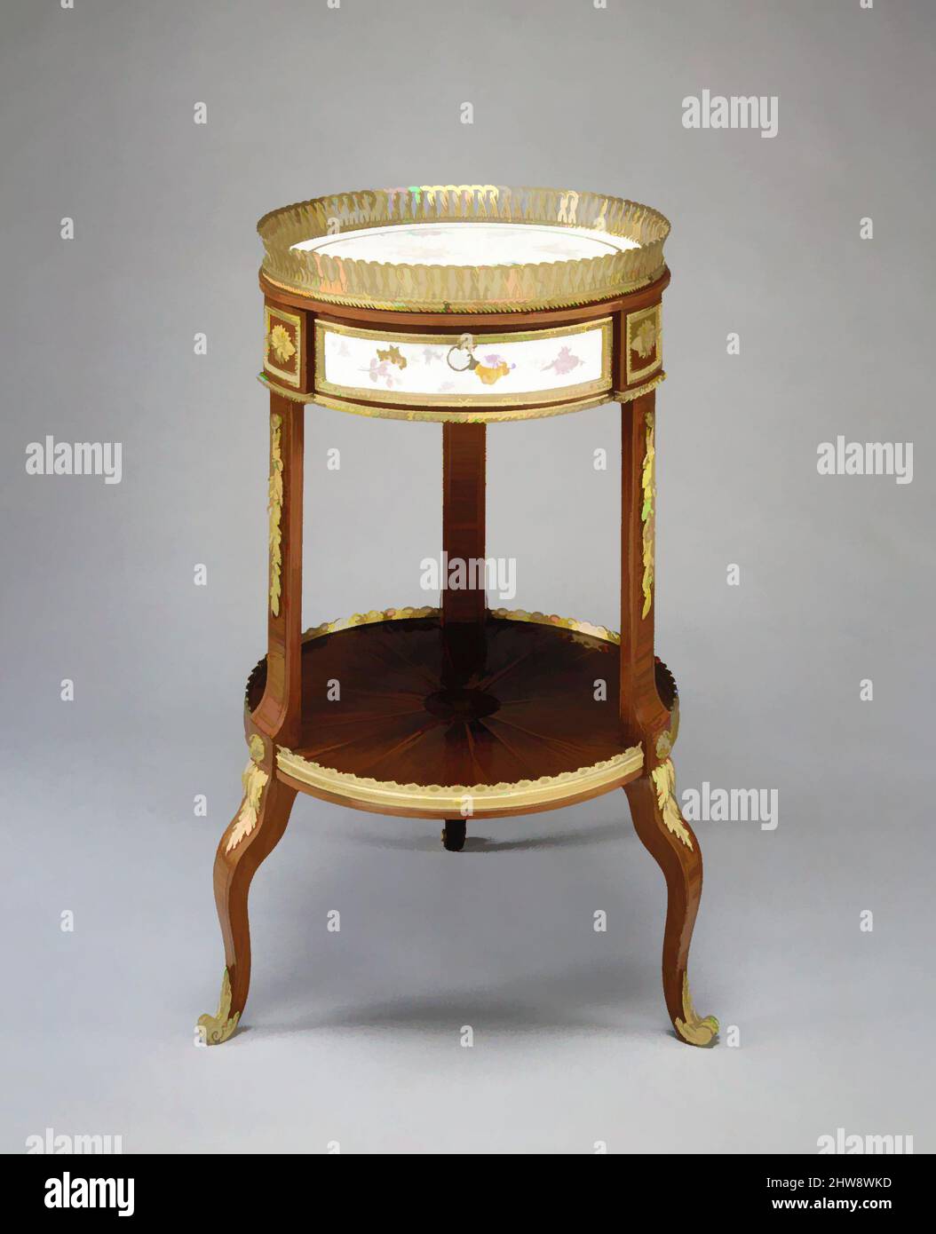 Kunst inspiriert von Louis XV kreisförmigen Intarsien und Bronze dore Tisch de Salon, ca. 1776, französisch, Paris, Eiche furniert mit Tulpenholz, Stechpalme und Ebenholz; Set mit vier Sévres-Porzellanplatten aus weicher Paste; Halterungen aus vergoldeter Bronze, H. 73,3 cm, Durchm. 40 cm, Holzmöbel, Martin Carlin (französisch, Klassische Werke von Artotop mit einem Schuss Modernität modernisiert. Formen, Farbe und Wert, auffällige visuelle Wirkung auf Kunst. Emotionen durch Freiheit von Kunstwerken auf zeitgemäße Weise. Eine zeitlose Botschaft, die eine wild kreative neue Richtung verfolgt. Künstler, die sich dem digitalen Medium zuwenden und die Artotop NFT erschaffen Stockfoto