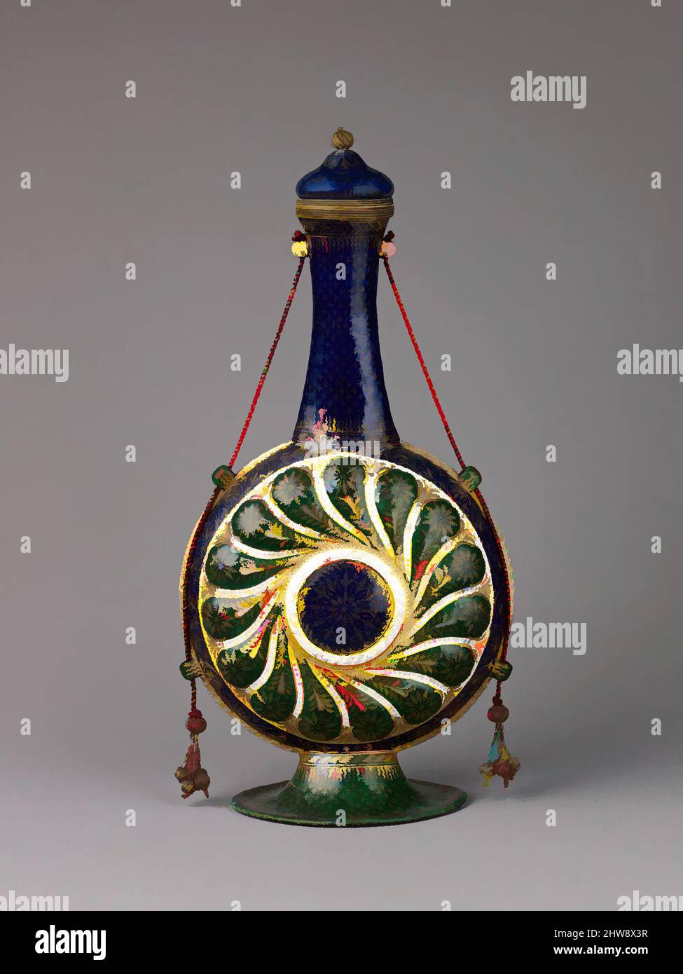 Kunst inspiriert von Pilgrim Flasche und Deckel, Ende 15. oder 16. Jahrhundert, Italienisch, Venedig, gemalte Emaille auf Kupfer, teilweise vergoldet, Messing vergoldet, Leinenschnur mit Metallfäden, H. 33 cm, W. 16,4 cm, d. 9 cm., Enamels, Classic Works modernisiert von Artotop mit einem Schuss Moderne. Formen, Farbe und Wert, auffällige visuelle Wirkung auf Kunst. Emotionen durch Freiheit von Kunstwerken auf zeitgemäße Weise. Eine zeitlose Botschaft, die eine wild kreative neue Richtung verfolgt. Künstler, die sich dem digitalen Medium zuwenden und die Artotop NFT erschaffen Stockfoto
