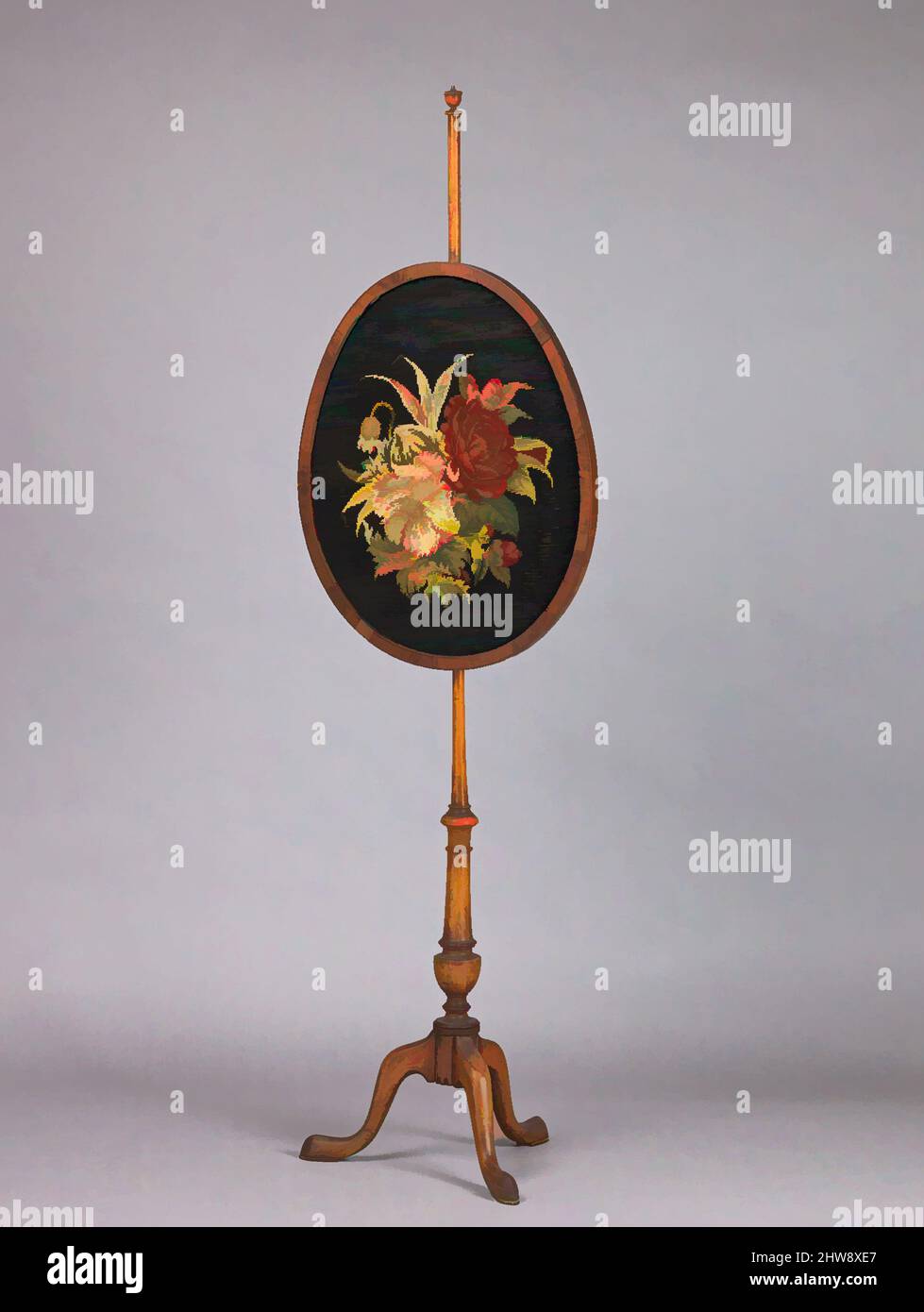 Kunst inspiriert von Tripod Pole Fire Screen, letztes Viertel des 18.. Jahrhunderts, britischem Holz, Satinholz, Nussbaum und anderen Hölzern; Nadelarbeit., Overall: H. 156 cm; Leinwand: H. 57,8 cm, W. 48 cm, Holzmöbel, Klassisches von Artotop modernisiertes Werk mit einem Schuss Moderne. Formen, Farbe und Wert, auffällige visuelle Wirkung auf Kunst. Emotionen durch Freiheit von Kunstwerken auf zeitgemäße Weise. Eine zeitlose Botschaft, die eine wild kreative neue Richtung verfolgt. Künstler, die sich dem digitalen Medium zuwenden und die Artotop NFT erschaffen Stockfoto