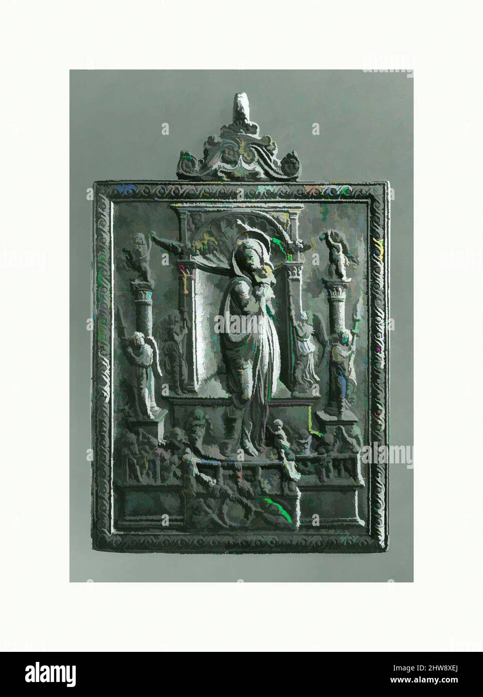 Kunst inspiriert von Pax mit der Jungfrau und dem Kind, Modell Ca. 1475–1500 (Guss 16. Jhd.), italienisch, Ferrara, Kupferlegierung mit olivgrüner Patina, 13,2 x 8,7 cm, gew. 220,84 g., Plaquettes, Klassische Werke, die von Artotop mit einem Schuss Moderne modernisiert wurden. Formen, Farbe und Wert, auffällige visuelle Wirkung auf Kunst. Emotionen durch Freiheit von Kunstwerken auf zeitgemäße Weise. Eine zeitlose Botschaft, die eine wild kreative neue Richtung verfolgt. Künstler, die sich dem digitalen Medium zuwenden und die Artotop NFT erschaffen Stockfoto