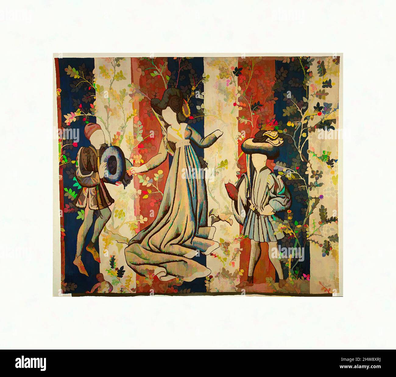 Kunst inspiriert von Höflingen in einem Rosengarten: Eine Dame und zwei Herren, ca. 1440–50, Südniederländisch, Wollkrüpp; Wolle, Seide, Metallic-Schussgarne, insgesamt: 9 ft. 5 3/4 Zoll x 10 Fuß 8 Zoll (288,9 x 325,1 cm), Textilien-Wandteppiche, Dieses Werk gehört zu einer Serie von Wandteppichen, die entworfen wurden, um, von Artotop modernisierte klassische Werke mit einem Schuss Modernität. Formen, Farbe und Wert, auffällige visuelle Wirkung auf Kunst. Emotionen durch Freiheit von Kunstwerken auf zeitgemäße Weise. Eine zeitlose Botschaft, die eine wild kreative neue Richtung verfolgt. Künstler, die sich dem digitalen Medium zuwenden und die Artotop NFT erschaffen Stockfoto