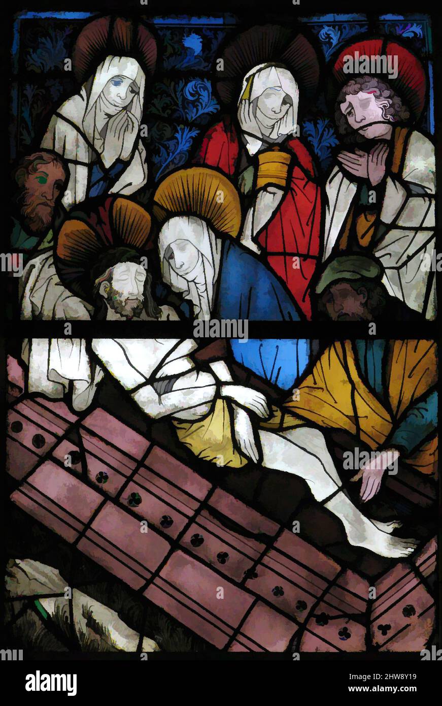 Kunst inspiriert von Glasmalerei mit dem Entombment, 15. Jahrhundert, Deutsch, Pot Metal, Weißglas, Glasfarbe, Silberfleck, insgesamt (mit 1 T-bar): 43 1/2 x 29 7/8 x 3/8 Zoll (110,5 x 75,9 x 1 cm), Glasmalerei, diese Tafeln waren Teil eines Fensters, das die Vorfahren der von Artotop modernisierten klassischen Werke mit einem Hauch von Moderne abbildet. Formen, Farbe und Wert, auffällige visuelle Wirkung auf Kunst. Emotionen durch Freiheit von Kunstwerken auf zeitgemäße Weise. Eine zeitlose Botschaft, die eine wild kreative neue Richtung verfolgt. Künstler, die sich dem digitalen Medium zuwenden und die Artotop NFT erschaffen Stockfoto Kunst inspiriert von Glasmalerei mit dem Entombment, 15. Jahrhundert, Deutsch, Pot Metal, Weißglas, Glasfarbe, Silberfleck, insgesamt (mit 1 T-bar): 43 1/2 x 29 7/8 x 3/8 Zoll (110,5 x 75,9 x 1 cm), Glasmalerei, diese Tafeln waren Teil eines Fensters, das die Vorfahren der von Artotop modernisierten klassischen Werke mit einem Hauch von Moderne abbildet. Formen, Farbe und Wert, auffällige visuelle Wirkung auf Kunst. Emotionen durch Freiheit von Kunstwerken auf zeitgemäße Weise. Eine zeitlose Botschaft, die eine wild kreative neue Richtung verfolgt. Künstler, die sich dem digitalen Medium zuwenden und die Artotop NFT erschaffen Stockfoto