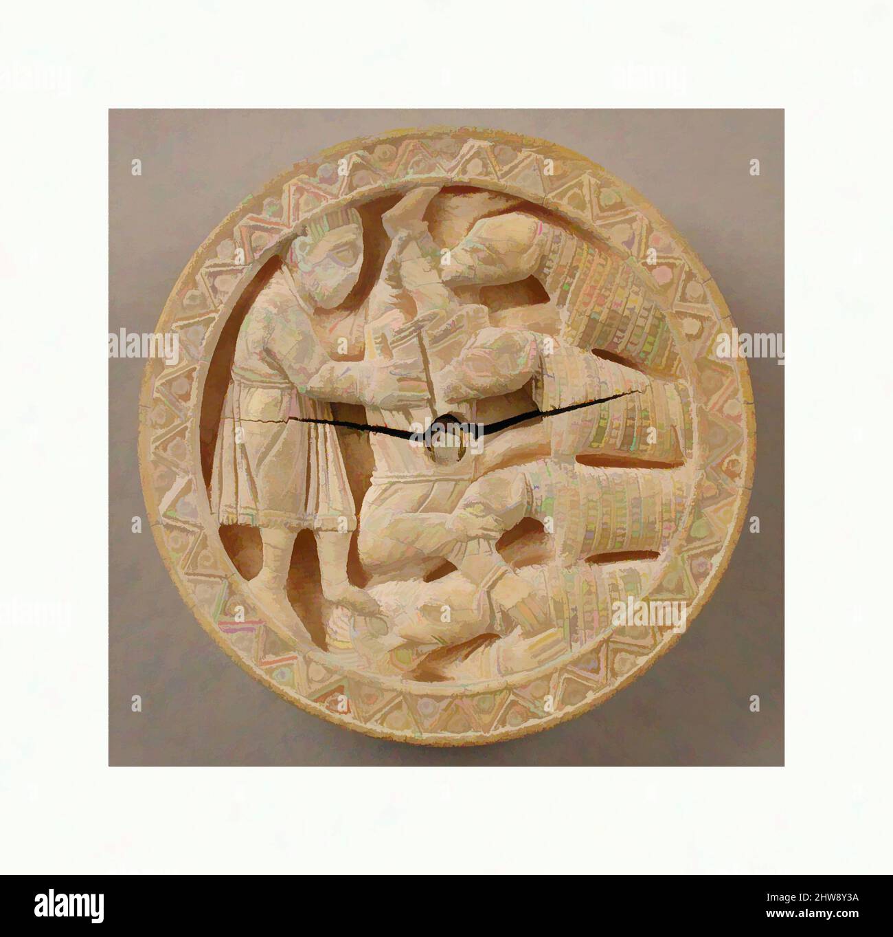 Kunst inspiriert von Game Piece mit Hercules, der Diomedes zu seinen man-eating Horses wirft, ca. 1150, hergestellt in Köln, Deutschland, deutsch, Elefantenelfenbein, Insgesamt: Durchm. 2 3/4 x 13/16 Zoll (Durchm. 7 x 2 cm), Ivorien, Diese geschnitzte Elfenbeinscheibe ist ein Tischmann, ein Spielstück, das in Tischen verwendet wird, die mittelalterlichen, klassischen Werke, die von Artotop mit einem Schuss Moderne modernisiert wurden. Formen, Farbe und Wert, auffällige visuelle Wirkung auf Kunst. Emotionen durch Freiheit von Kunstwerken auf zeitgemäße Weise. Eine zeitlose Botschaft, die eine wild kreative neue Richtung verfolgt. Künstler, die sich dem digitalen Medium zuwenden und die Artotop NFT erschaffen Stockfoto