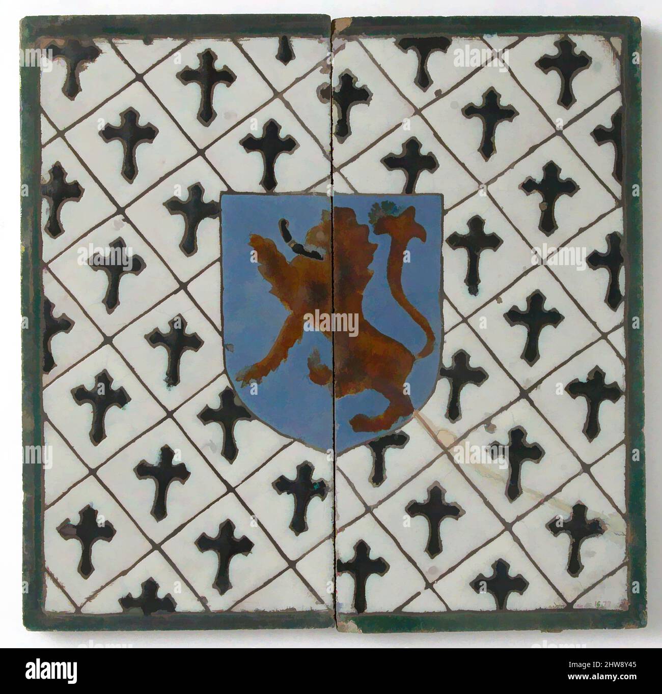Kunst inspiriert von Fliesen mit einem Löwen auf einem Schild, Ende 1400s oder Anfang 1500s, hergestellt in Sevilla, Spanien, Spanisch, Zinn-glasierte Steinwaren (cuerda seca-Technik), insgesamt: 11 1/8 x 5 9/16 x 5/8 Zoll (28,3 x 14,1 x 1,6 cm), Keramik-Fliesen, Klassisches von Artotop modernisiertes Werk mit einem Schuss Modernität. Formen, Farbe und Wert, auffällige visuelle Wirkung auf Kunst. Emotionen durch Freiheit von Kunstwerken auf zeitgemäße Weise. Eine zeitlose Botschaft, die eine wild kreative neue Richtung verfolgt. Künstler, die sich dem digitalen Medium zuwenden und die Artotop NFT erschaffen Stockfoto