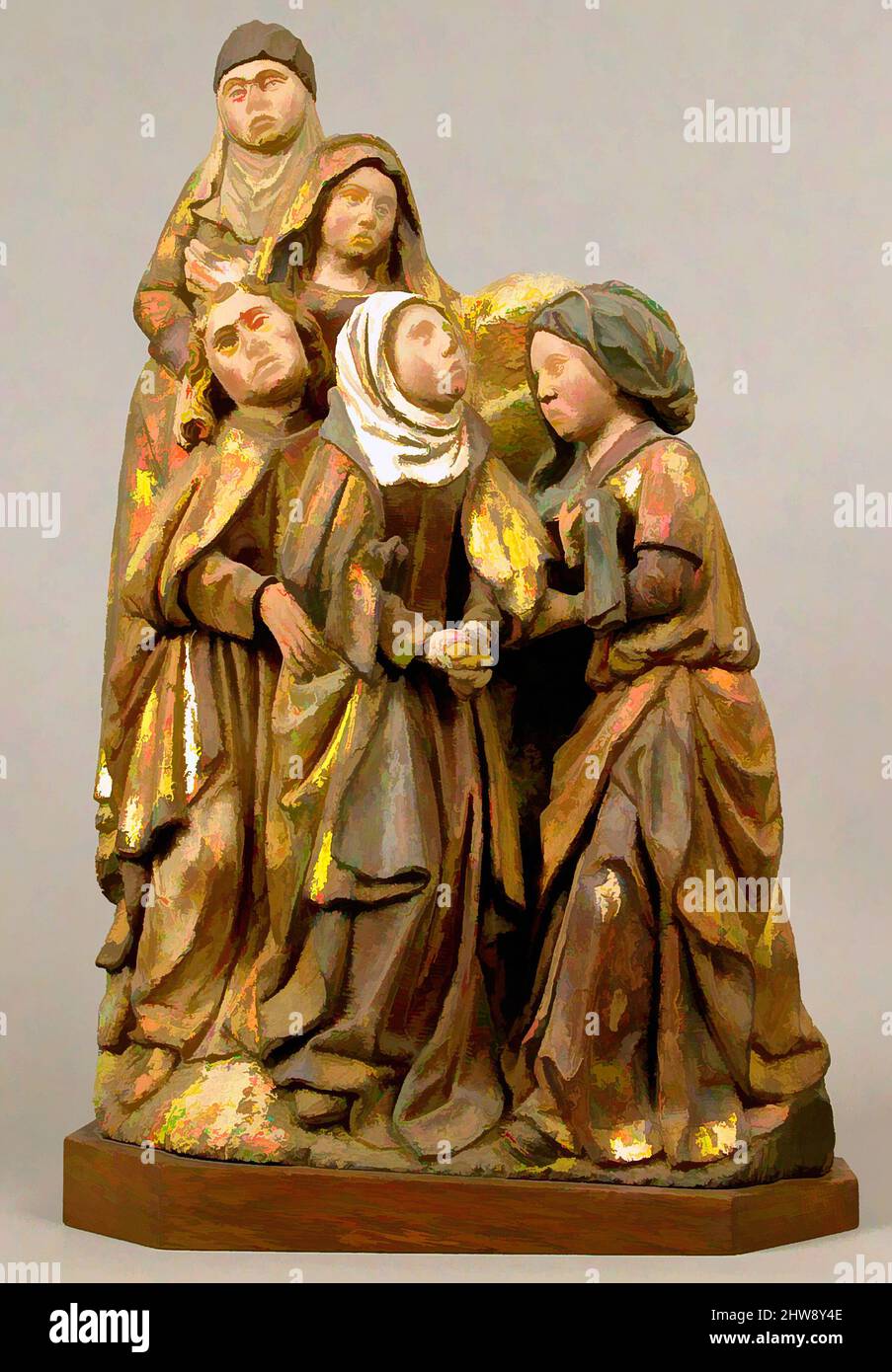 Kunst inspiriert von der Jungfrau Maria, dem Heiligen Johannes und den drei Heiligen Frauen aus einer Kreuzigung, Ende des 15.. Jahrhunderts, hergestellt in Brüssel, Südniederländisch, Eiche mit Polychromie und Vergoldung, Overall (mit Sockel): 24 7/8 x 15 1/8 x 5 3/4 Zoll (63,2 x 38,4 x 14,6 cm), Skulpturen-Holz, Klassisches Werk, das von Artotop mit einem Schuss Moderne modernisiert wurde. Formen, Farbe und Wert, auffällige visuelle Wirkung auf Kunst. Emotionen durch Freiheit von Kunstwerken auf zeitgemäße Weise. Eine zeitlose Botschaft, die eine wild kreative neue Richtung verfolgt. Künstler, die sich dem digitalen Medium zuwenden und die Artotop NFT erschaffen Stockfoto