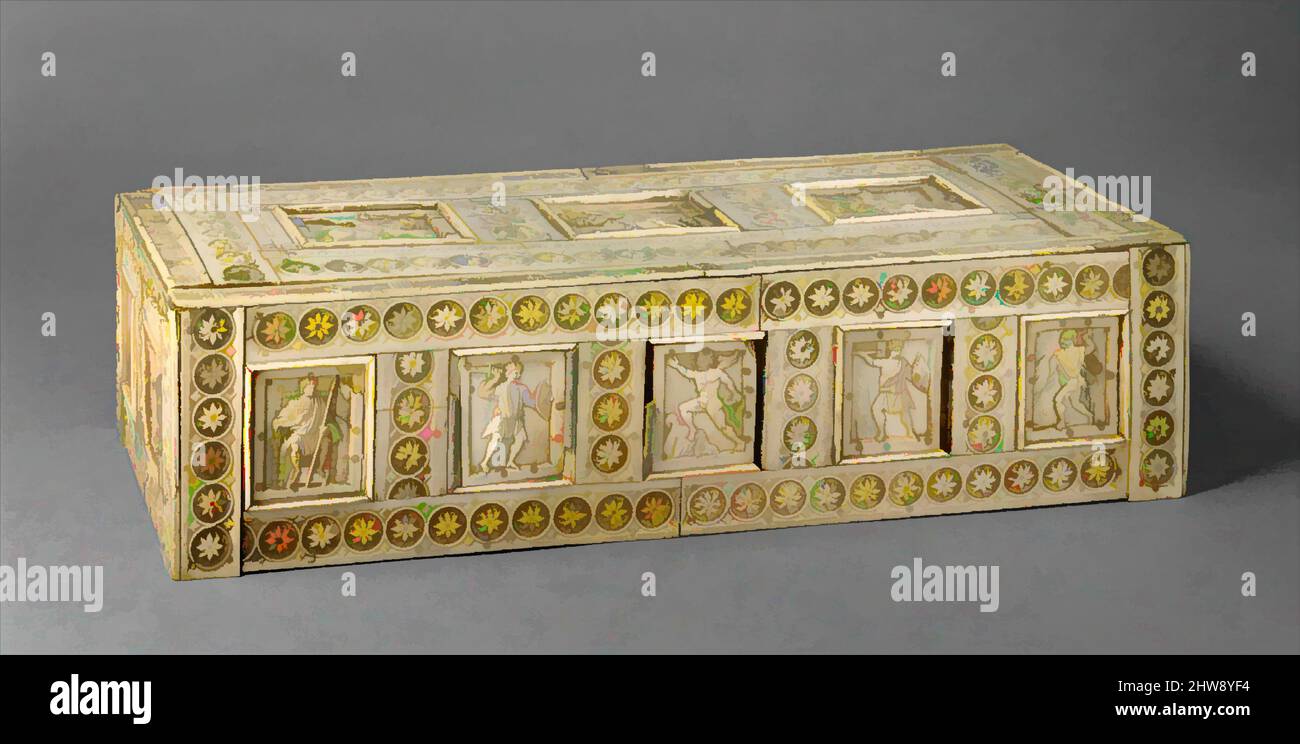 Kunst inspiriert von Kasket mit Kriegern und mythologischen Figuren, 10.–11. Jahrhundert, hergestellt in Konstantinopel, byzantinisch, Knochenplatten und Zierstreifen über Holz; silberne Schlossplatte, insgesamt: 4 5/8 x 17 1/4 x 7 1/8in. (11,7 x 43,8 x 18,1cm), Efeu, Knochen-Schatullen, von den Byzantinern verwendet, Klassisches Werk, das von Artotop mit einem Schuss Moderne modernisiert wurde. Formen, Farbe und Wert, auffällige visuelle Wirkung auf Kunst. Emotionen durch Freiheit von Kunstwerken auf zeitgemäße Weise. Eine zeitlose Botschaft, die eine wild kreative neue Richtung verfolgt. Künstler, die sich dem digitalen Medium zuwenden und die Artotop NFT erschaffen Stockfoto