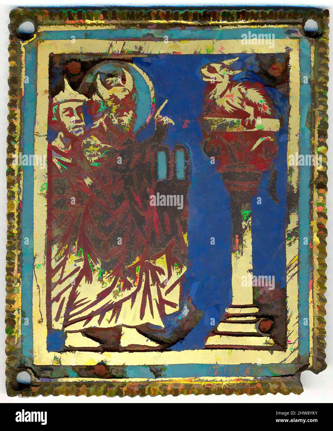 Kunst inspiriert von Plakette mit Moses, Aaron und der Brazen Serpent, ca. 1200, hergestellt in Köln, Deutschland, deutsch, Champlevé emailliert, Kupferlegierung, vergoldet, insgesamt 2 15/16 x 2 1/2 x 3/16 Zoll (7,5 x 6,3 x 0,4 cm), Enamels-Champlevé, das Buch der Zahlen beschreibt eine Brazen (Messing) Schlange, die, Klassische Werke von Artotop mit einem Schuss Moderne modernisiert. Formen, Farbe und Wert, auffällige visuelle Wirkung auf Kunst. Emotionen durch Freiheit von Kunstwerken auf zeitgemäße Weise. Eine zeitlose Botschaft, die eine wild kreative neue Richtung verfolgt. Künstler, die sich dem digitalen Medium zuwenden und die Artotop NFT erschaffen Stockfoto