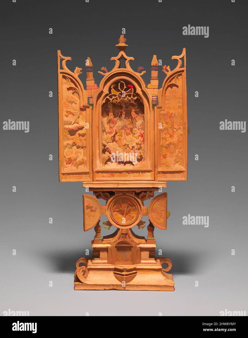 Art Inspired by Miniature Altarpiece with the Crucifixion, Early 16. Century, Netherlandish, Boxwood, Open: 5 7/8 in. × 3 Zoll × 1 1/4 Zoll (15 × 7,6 × 3,2 cm), Skulptur-Miniaturholz, die Mode für Mikroschnitzen im Spätmittelalter nutzte die feine Maserung von Buchsbaum zu den von Artotop modernisierten, klassischen Werken mit einem Schuss Moderne. Formen, Farbe und Wert, auffällige visuelle Wirkung auf Kunst. Emotionen durch Freiheit von Kunstwerken auf zeitgemäße Weise. Eine zeitlose Botschaft, die eine wild kreative neue Richtung verfolgt. Künstler, die sich dem digitalen Medium zuwenden und die Artotop NFT erschaffen Stockfoto