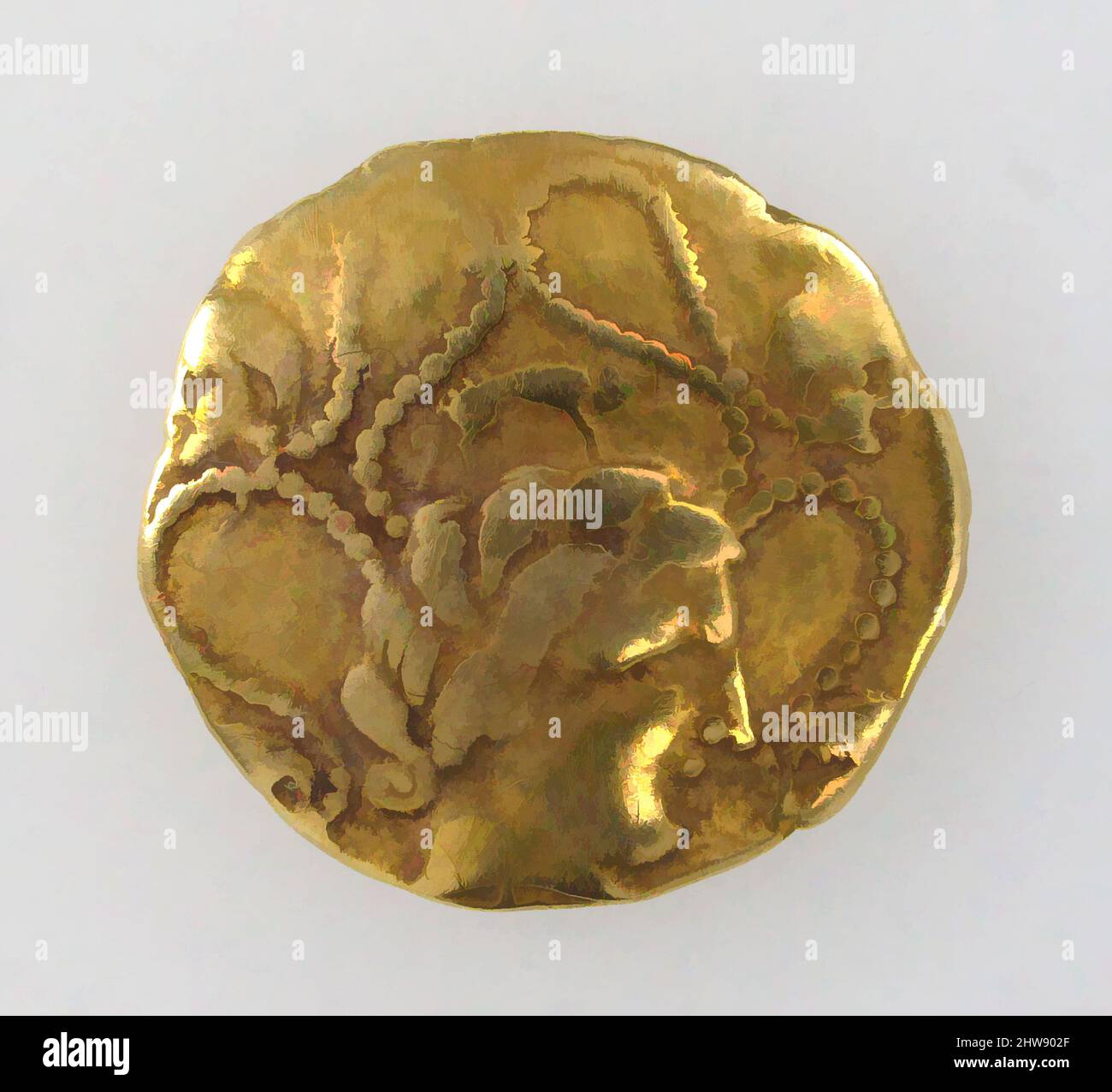 Kunst inspiriert von Goldmünze der Veneti oder Namneti, Mitte 2.. Jahrhundert v. Chr., keltisch, Gold, 3/4 × 13/16 × 1/8 in., 0,3oz. (1,9 × 2,1 × 0,3 cm, 7,9g), Münzen, die Kelten begannen wahrscheinlich im Jahre 200s v. chr. mit dem Prägen von Münzen, nachdem sie Gold- und Silberstücke von hellenistischen Königen erhalten hatten, die Classic Works, die von Artotop mit einem Schuss Moderne modernisiert wurden, anstellten. Formen, Farbe und Wert, auffällige visuelle Wirkung auf Kunst. Emotionen durch Freiheit von Kunstwerken auf zeitgemäße Weise. Eine zeitlose Botschaft, die eine wild kreative neue Richtung verfolgt. Künstler, die sich dem digitalen Medium zuwenden und die Artotop NFT erschaffen Stockfoto