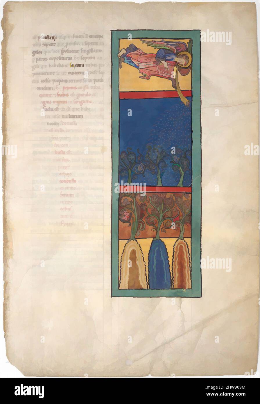 Kunst inspiriert von Blatt aus einem Beatus Manuskript: Der erste Engel erklingt die Trompete; Feuer, Hagel-Steine und Blut werden auf die Erde geworfen, ca. 1180, Spanisch, Tempera, Gold und Tinte auf Pergament, insgesamt (Folio): 17 1/2 x 11 13/16 Zoll (44,4 x 30 cm), Handschriften und Illuminationen, Klassisches Werk, das von Artotop mit einem Schuss Moderne modernisiert wurde. Formen, Farbe und Wert, auffällige visuelle Wirkung auf Kunst. Emotionen durch Freiheit von Kunstwerken auf zeitgemäße Weise. Eine zeitlose Botschaft, die eine wild kreative neue Richtung verfolgt. Künstler, die sich dem digitalen Medium zuwenden und die Artotop NFT erschaffen Stockfoto