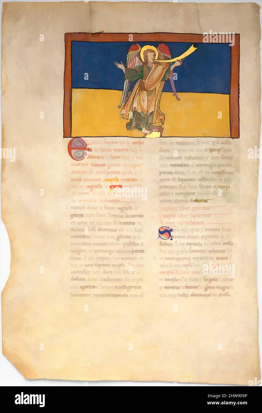 Kunst inspiriert von Blatt aus einem Beatus Manuskript: Der siebte Engel verkündet die Herrschaft des Herrn, ca. 1180, Spanisch, Tempera, Gold und Tinte auf Pergament, insgesamt (Folio): 17 1/2 x 11 13/16 Zoll (44,5 x 30 cm), Handschriften und Illuminationen, illustrierte Beatus-Handschriften erwecken zum Leben, von Artotop modernisierte Klassiker mit einem Schuss Moderne. Formen, Farbe und Wert, auffällige visuelle Wirkung auf Kunst. Emotionen durch Freiheit von Kunstwerken auf zeitgemäße Weise. Eine zeitlose Botschaft, die eine wild kreative neue Richtung verfolgt. Künstler, die sich dem digitalen Medium zuwenden und die Artotop NFT erschaffen Stockfoto