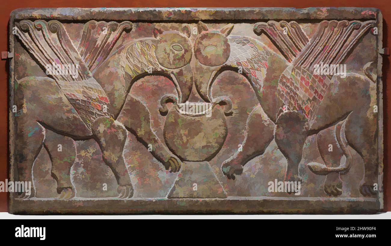 Kunst inspiriert von Relief Panel mit zwei Griffinen trinken aus einem Becher, Ende 9. bis Anfang 10. Jahrhundert, hergestellt in Kampanien, Süditalien, Süditalien, Marmor, Polychromie, insgesamt: 29 3/8 x 51 3/4 x 2 1/4 Zoll (74,6 x 131,4 x 5,7 cm), Skulptur-Architektur, der mythische Greif, eine Kreatur, Klassische Werke von Artotop mit einem Schuss Moderne modernisiert. Formen, Farbe und Wert, auffällige visuelle Wirkung auf Kunst. Emotionen durch Freiheit von Kunstwerken auf zeitgemäße Weise. Eine zeitlose Botschaft, die eine wild kreative neue Richtung verfolgt. Künstler, die sich dem digitalen Medium zuwenden und die Artotop NFT erschaffen Stockfoto