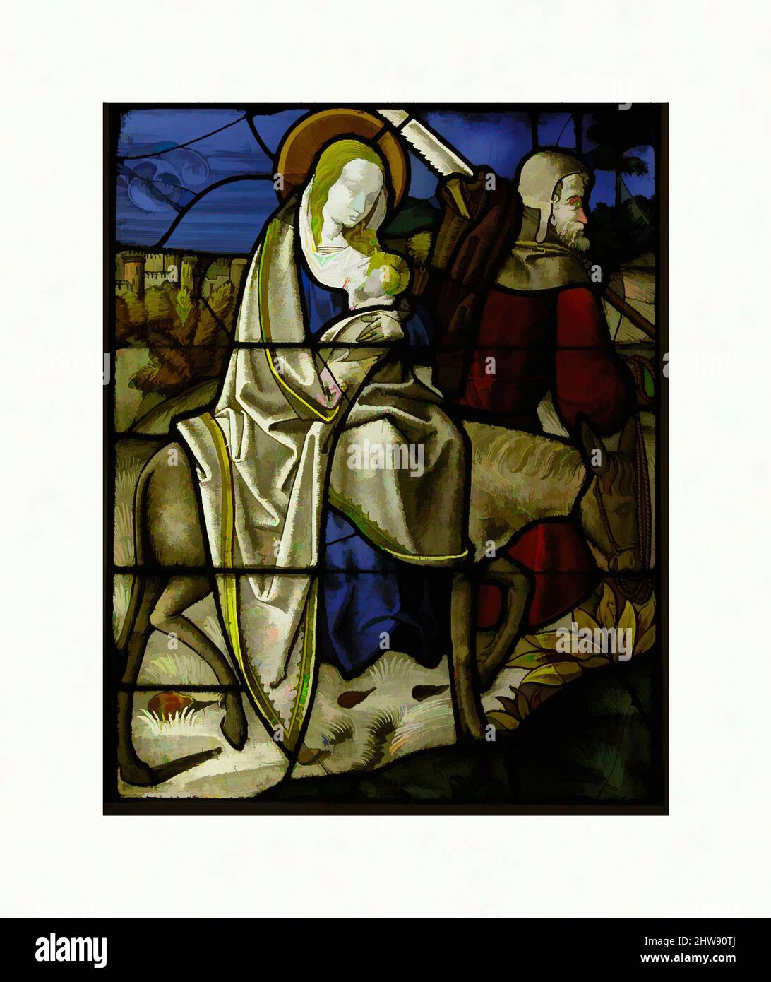 Kunst inspiriert von Glasmalerei mit dem Flug nach Ägypten, ca. 1485–1500, deutsch, Topfmetall, Weißglas, Glasfarbe, Silberfärbung, insgesamt: 28 11/16 x 22 3/4 x 3/8 Zoll (72,9 x 57,8 x 1 cm), Glasmalerei, im Köln des 15. Jahrhunderts begann die Glasmalerei zunehmend zu werden, klassische Werke wurden von Artotop mit einem Schuss Moderne modernisiert. Formen, Farbe und Wert, auffällige visuelle Wirkung auf Kunst. Emotionen durch Freiheit von Kunstwerken auf zeitgemäße Weise. Eine zeitlose Botschaft, die eine wild kreative neue Richtung verfolgt. Künstler, die sich dem digitalen Medium zuwenden und die Artotop NFT erschaffen Stockfoto Kunst inspiriert von Glasmalerei mit dem Flug nach Ägypten, ca. 1485–1500, deutsch, Topfmetall, Weißglas, Glasfarbe, Silberfärbung, insgesamt: 28 11/16 x 22 3/4 x 3/8 Zoll (72,9 x 57,8 x 1 cm), Glasmalerei, im Köln des 15. Jahrhunderts begann die Glasmalerei zunehmend zu werden, klassische Werke wurden von Artotop mit einem Schuss Moderne modernisiert. Formen, Farbe und Wert, auffällige visuelle Wirkung auf Kunst. Emotionen durch Freiheit von Kunstwerken auf zeitgemäße Weise. Eine zeitlose Botschaft, die eine wild kreative neue Richtung verfolgt. Künstler, die sich dem digitalen Medium zuwenden und die Artotop NFT erschaffen Stockfoto
