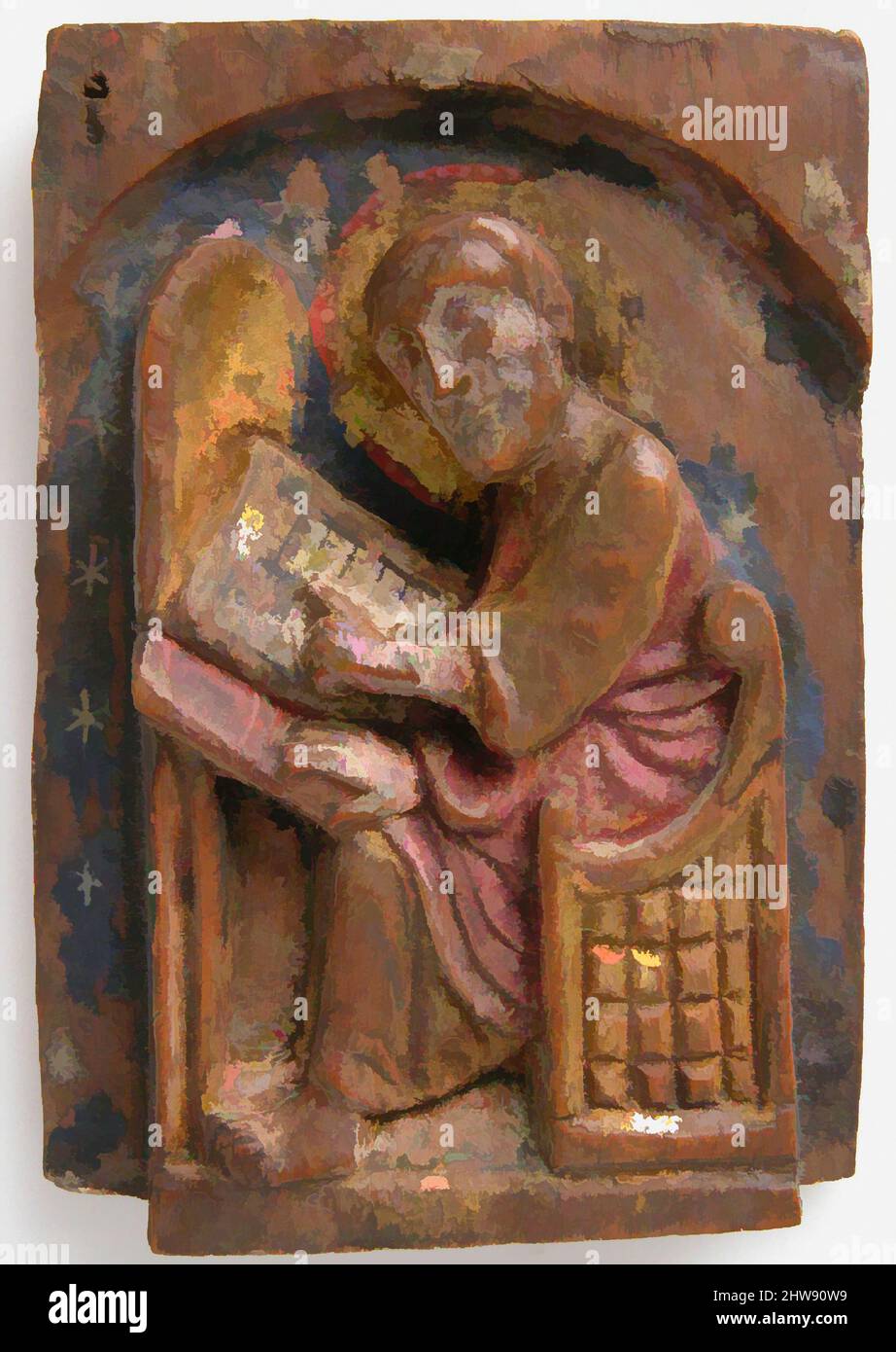 Kunst inspiriert von Miniaturrelief eines Evangelisten an seinem Schreibtisch (Johannes, Lukas, Markus), 1200–1225, hergestellt in Sachsen, Deutschland, Deutsch, Holz, Polychromie, Vergoldung, Insgesamt: 2 3/8 x 1 11/16 x 1/2 Zoll (6 x 4,3 x 1,2 cm), Skulptur-Miniatur-Holz, ursprünglich könnten diese fünf Tafeln gewesen sein, Klassisches Werk, das von Artotop mit einem Schuss Modernität modernisiert wurde. Formen, Farbe und Wert, auffällige visuelle Wirkung auf Kunst. Emotionen durch Freiheit von Kunstwerken auf zeitgemäße Weise. Eine zeitlose Botschaft, die eine wild kreative neue Richtung verfolgt. Künstler, die sich dem digitalen Medium zuwenden und die Artotop NFT erschaffen Stockfoto