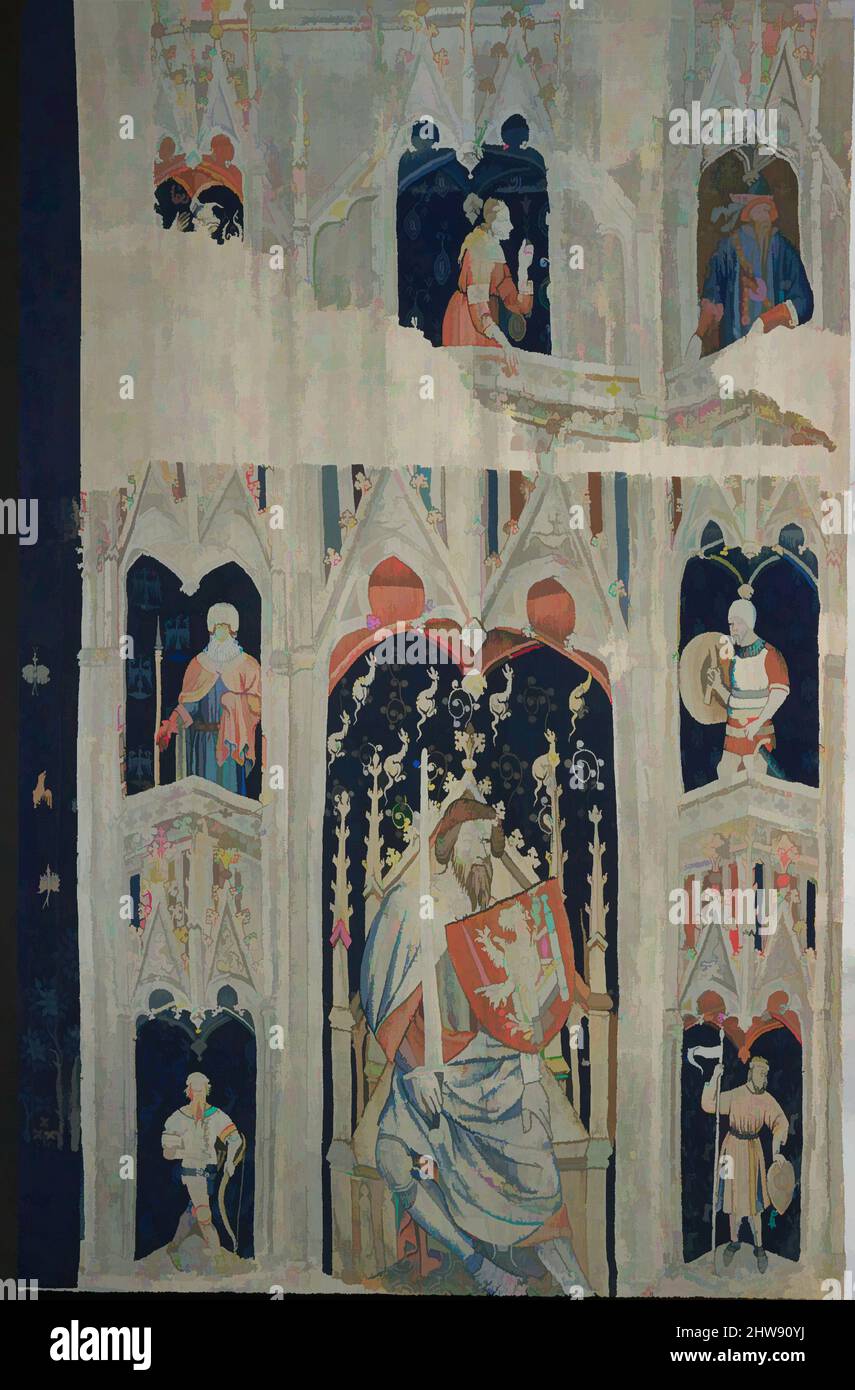 Kunst inspiriert von Alexander dem Großen oder Hector of Troy (aus den Wandteppichen der neun Helden), ca. 1400–1410, Südniederländisch, Wollwarze, Wollwefe, 165 1/2 x 104 Zoll (420,4 x 264,2 cm), Textilien-Wandteppiche, dieser Wandteppich ist Teil von vier Wandbehängen, die nach dem von Artotop modernisierten, klassischen Werk mit einem Schuss Moderne rekonstruiert wurden. Formen, Farbe und Wert, auffällige visuelle Wirkung auf Kunst. Emotionen durch Freiheit von Kunstwerken auf zeitgemäße Weise. Eine zeitlose Botschaft, die eine wild kreative neue Richtung verfolgt. Künstler, die sich dem digitalen Medium zuwenden und die Artotop NFT erschaffen Stockfoto