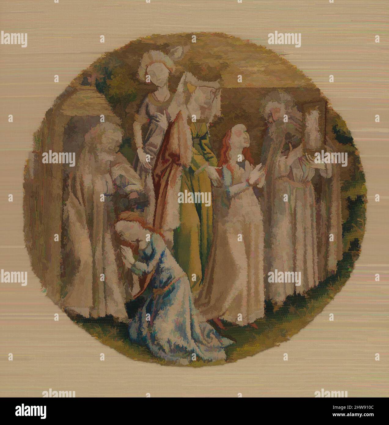 Kunst inspiriert vom Eremit Adrian zeigt St. Katharina ein Bild von Christus und tauft sie, ca. 1430, Südniederländisch, Seide und Metallfaden auf Leinen, insgesamt: 6 5/8 Zoll (16,8 cm), Textilien-bestickt, Diese runde war ursprünglich Teil einer umfangreichen Serie, die einen Altar schmückte, Klassische Werke, die von Artotop mit einem Schuss Moderne modernisiert wurden. Formen, Farbe und Wert, auffällige visuelle Wirkung auf Kunst. Emotionen durch Freiheit von Kunstwerken auf zeitgemäße Weise. Eine zeitlose Botschaft, die eine wild kreative neue Richtung verfolgt. Künstler, die sich dem digitalen Medium zuwenden und die Artotop NFT erschaffen Stockfoto