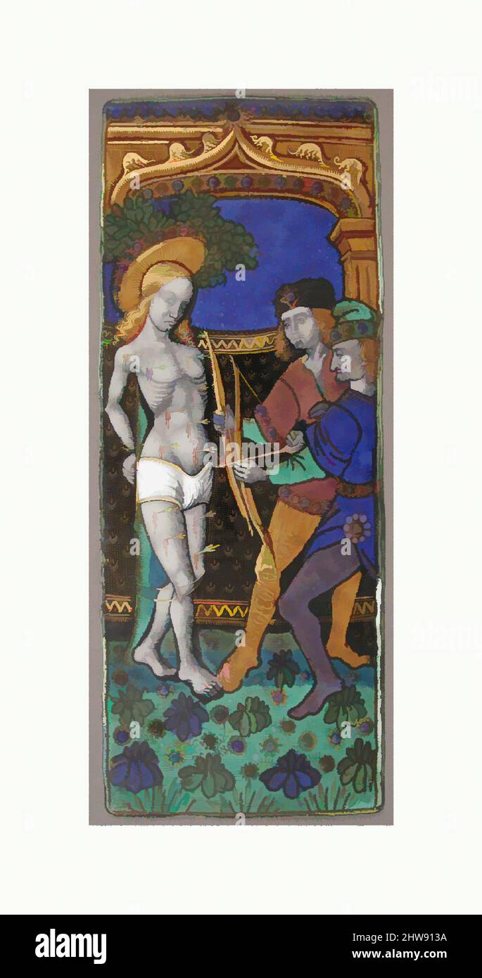 Kunst inspiriert von Triptychon Panel mit Saint Sebastian, 15.–16. Jahrhundert, hergestellt in Limoges, Frankreich, Französisch, Lackierter Emaille, Kupfer, insgesamt: 7 11/16 x 3 x 1/16 Zoll (19,6 x 7,6 x 0,2 cm), Enamels-bemalt, Meister des Triptychons von Ludwig XII. (Ca. 1490–ca. 1515, Classic Works modernisiert von Artotop mit einem Schuss Moderne. Formen, Farbe und Wert, auffällige visuelle Wirkung auf Kunst. Emotionen durch Freiheit von Kunstwerken auf zeitgemäße Weise. Eine zeitlose Botschaft, die eine wild kreative neue Richtung verfolgt. Künstler, die sich dem digitalen Medium zuwenden und die Artotop NFT erschaffen Stockfoto