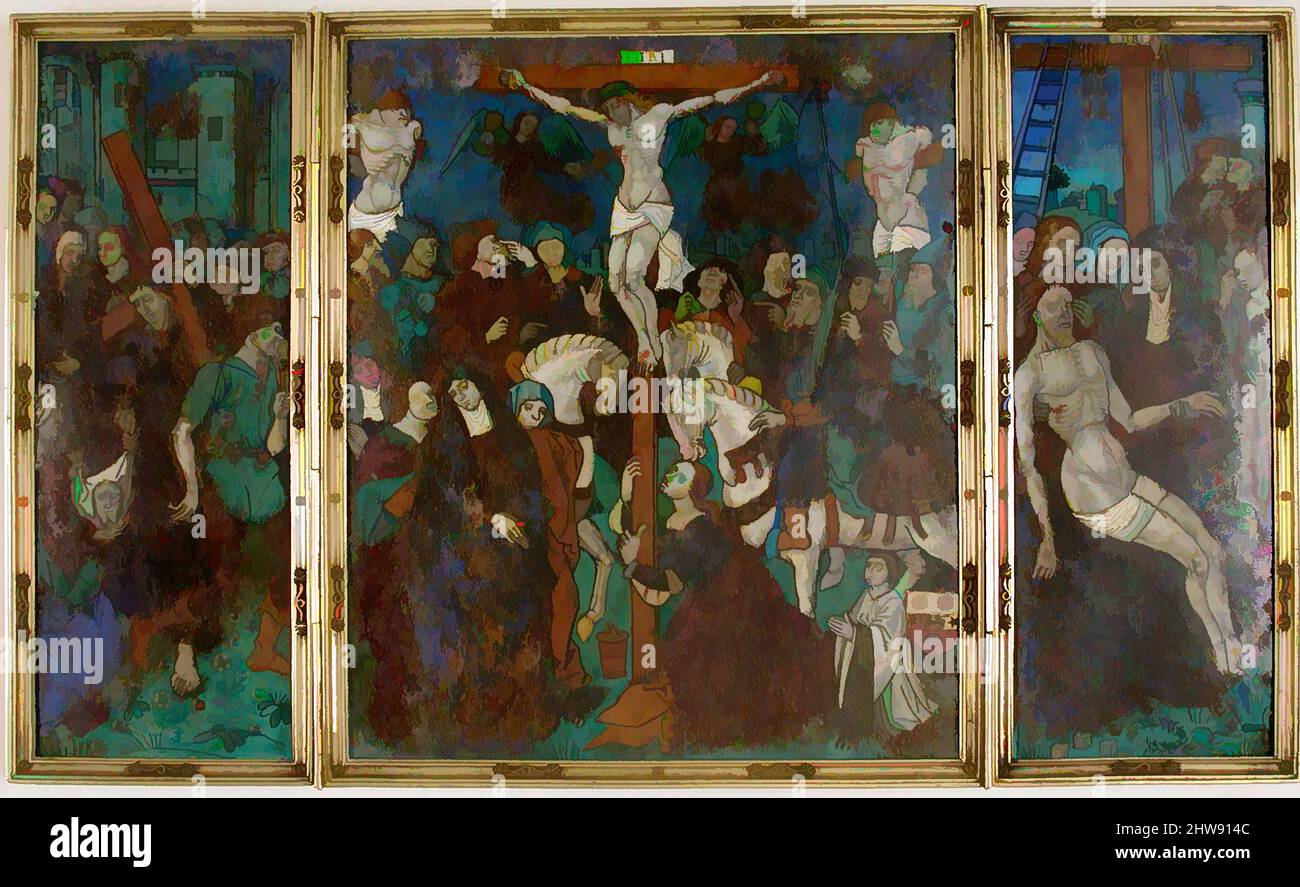 Von Triptychon inspirierte Kunst mit dem Weg zum Kalvarienberg, Kreuzigung und Kreuzabnahme, 16.. Jahrhundert, hergestellt in Limoges, Frankreich, Frankreich, Lackierter Emaille, Kupfer (Rahmen: Vergoldetes Kupfer), Overall (mit Rahmen): 9 15/16 x 16 9/16 Zoll (25,2 x 42,1 cm), Enamels-Painted, Atelier von Jean Pénicaud, Klassisches Werk, das von Artotop mit einem Schuss Moderne modernisiert wurde. Formen, Farbe und Wert, auffällige visuelle Wirkung auf Kunst. Emotionen durch Freiheit von Kunstwerken auf zeitgemäße Weise. Eine zeitlose Botschaft, die eine wild kreative neue Richtung verfolgt. Künstler, die sich dem digitalen Medium zuwenden und die Artotop NFT erschaffen Stockfoto