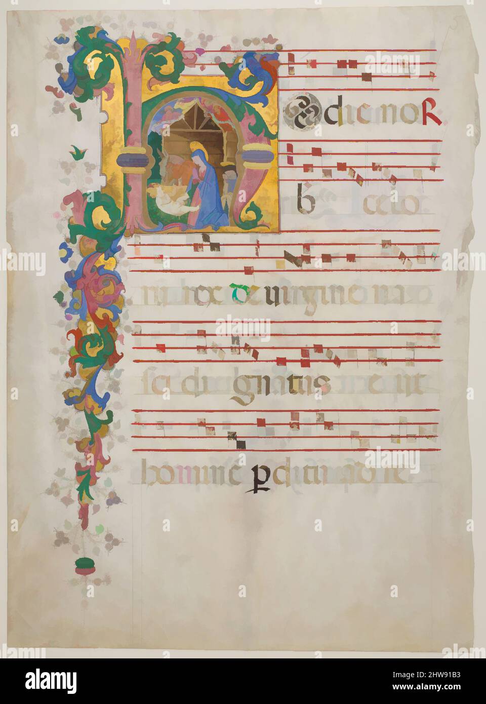 Kunst inspiriert von Manuskript Blatt mit der Geburt in einem ersten H, aus einem Antiphonar, zweite Hälfte 15. Jahrhundert, hergestellt in Florenz, Italien, Italienisch, Tempera, Tinte und Gold auf Pergament, insgesamt: 21 7/8 x 15 7/8 Zoll (55,5 x 40,3 cm), Handschriften und Illuminationen, Meister der, Klassisches Werk, das von Artotop mit einem Schuss Moderne modernisiert wurde. Formen, Farbe und Wert, auffällige visuelle Wirkung auf Kunst. Emotionen durch Freiheit von Kunstwerken auf zeitgemäße Weise. Eine zeitlose Botschaft, die eine wild kreative neue Richtung verfolgt. Künstler, die sich dem digitalen Medium zuwenden und die Artotop NFT erschaffen Stockfoto