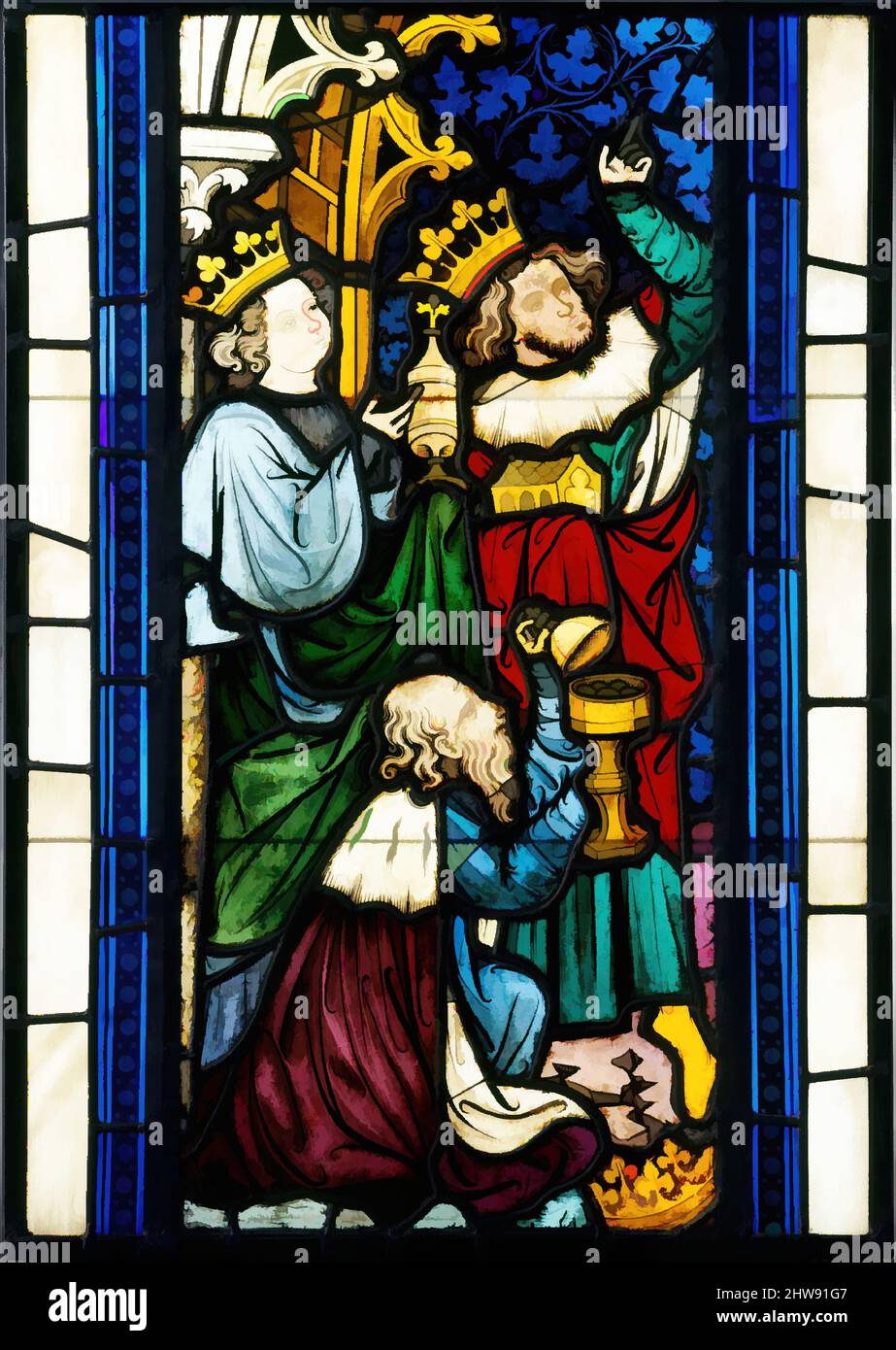 Kunst inspiriert von der Anbetung der Könige aus sieben Szenen aus dem Leben Christi, ca. 1390, hergestellt in Ebreichsdorf, Niederösterreich, Österreich, Pot-Metall und farbloses Glas, Glasfarbe und Silberfärbung, 27 1/4 × 13 Zoll (69,2 × 33 cm), Glasmalerei, Diese Tafel ist Teil eines größeren, von Artotop modernisierten Klassikers mit einem Hauch von Moderne. Formen, Farbe und Wert, auffällige visuelle Wirkung auf Kunst. Emotionen durch Freiheit von Kunstwerken auf zeitgemäße Weise. Eine zeitlose Botschaft, die eine wild kreative neue Richtung verfolgt. Künstler, die sich dem digitalen Medium zuwenden und die Artotop NFT erschaffen Stockfoto