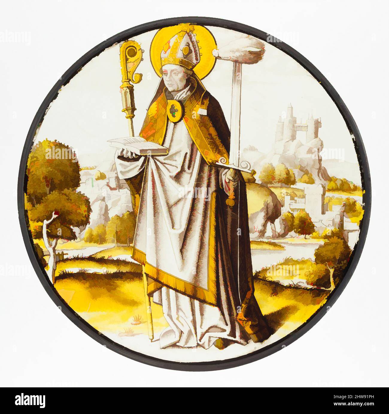 Kunst inspiriert von Roundel mit dem Heiligen Lambrecht von Maastricht, 1510–20, Südniederländisches, farbloses Glas, Glasfarbe und Silberfärbung, GesamtDurchm.: 8 3/4 Zoll (22,2 cm), Glasmalerei, Klassisches Werk, modernisiert von Artotop mit einem Schuss Moderne. Formen, Farbe und Wert, auffällige visuelle Wirkung auf Kunst. Emotionen durch Freiheit von Kunstwerken auf zeitgemäße Weise. Eine zeitlose Botschaft, die eine wild kreative neue Richtung verfolgt. Künstler, die sich dem digitalen Medium zuwenden und die Artotop NFT erschaffen Stockfoto
