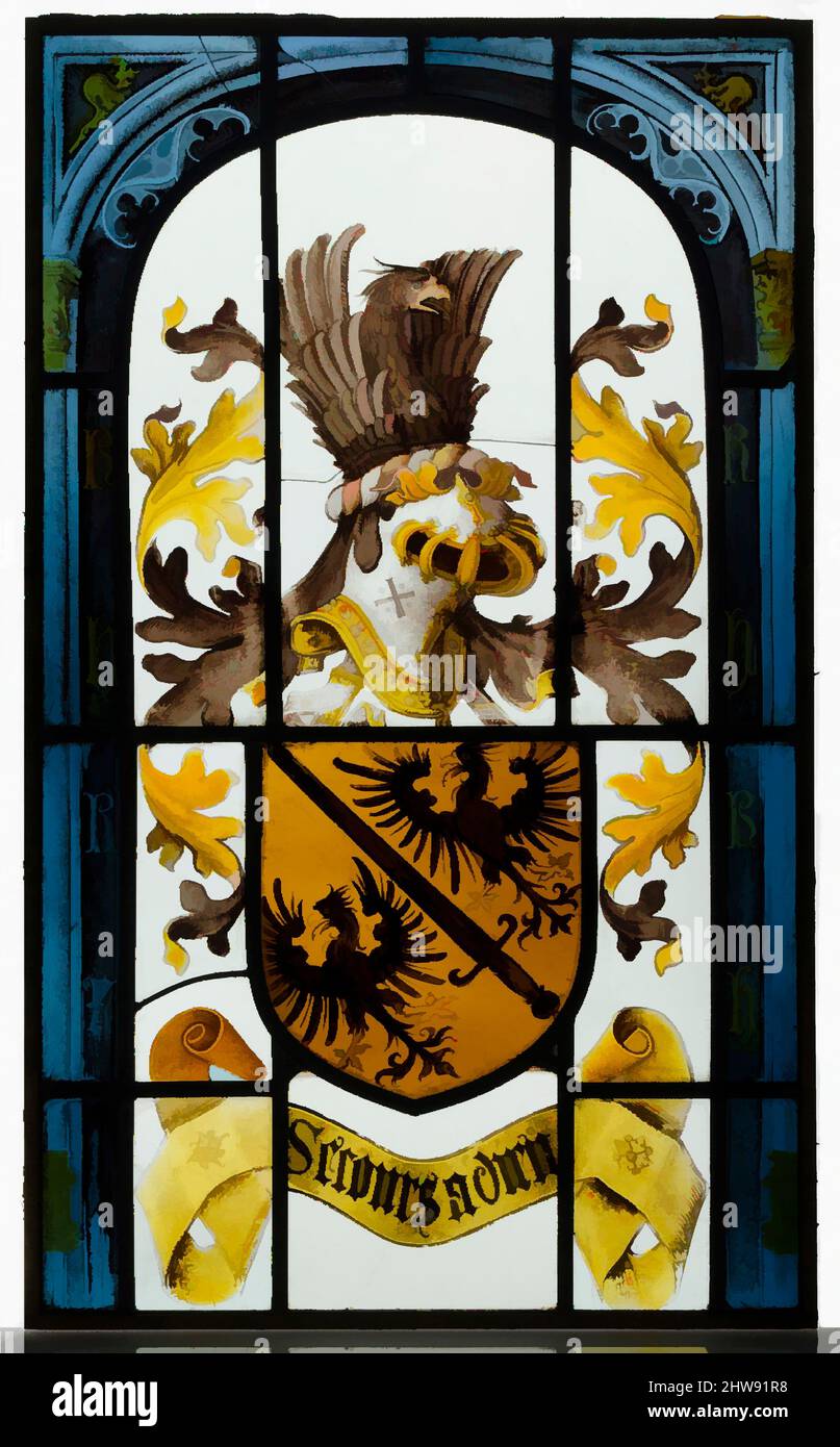 Kunst inspiriert von der heraldischen Tafel mit Wappen des Hauses Habsburg, ca. 1504–6, hergestellt in Gent, Südniederländisch, Pot-Metal Glas, Weißglas, Glasfarbe, Und Silberfleck, insgesamt: 33 1/2 x 20 1/4 Zoll (85,1 x 51,4 cm), Glasmalerei, Klassisches Werk, das von Artotop mit einem Schuss Moderne modernisiert wurde. Formen, Farbe und Wert, auffällige visuelle Wirkung auf Kunst. Emotionen durch Freiheit von Kunstwerken auf zeitgemäße Weise. Eine zeitlose Botschaft, die eine wild kreative neue Richtung verfolgt. Künstler, die sich dem digitalen Medium zuwenden und die Artotop NFT erschaffen Stockfoto