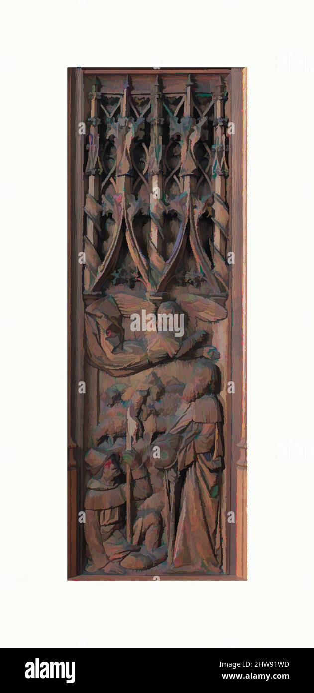 Kunst inspiriert von Tafel mit einem Engel erscheint Joachim, Anfang 16. Jahrhundert, hergestellt in der Normandie, Frankreich, Französisch, Eiche, insgesamt: 35 1/2 x 11 3/8 x 1 1/2 Zoll (90,2 x 28,9 x 3,8 cm), holzbauliche Architektur, bis 1950 säumte diese Tafel die große Halle von Highcliffe Castle in Südengland, klassische Werke, die von Artotop mit einem Schuss Moderne modernisiert wurden. Formen, Farbe und Wert, auffällige visuelle Wirkung auf Kunst. Emotionen durch Freiheit von Kunstwerken auf zeitgemäße Weise. Eine zeitlose Botschaft, die eine wild kreative neue Richtung verfolgt. Künstler, die sich dem digitalen Medium zuwenden und die Artotop NFT erschaffen Stockfoto