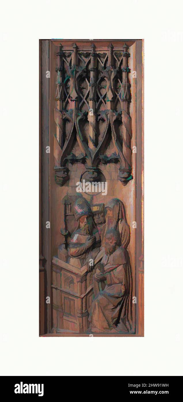 Kunst inspiriert von Panel mit Joachim's Angebot abgelehnt, Anfang 16. Jahrhundert, Made in Normandie, Frankreich, Französisch, Eiche, insgesamt: 35 1/2 x 11 3/8 x 1 1/2 Zoll (90,2 x 28,9 x 3,8 cm), holzbauliche Architektur, bis 1950 säumte diese Tafel die große Halle von Highcliffe Castle in Südengland, klassische Werke, die von Artotop mit einem Schuss Moderne modernisiert wurden. Formen, Farbe und Wert, auffällige visuelle Wirkung auf Kunst. Emotionen durch Freiheit von Kunstwerken auf zeitgemäße Weise. Eine zeitlose Botschaft, die eine wild kreative neue Richtung verfolgt. Künstler, die sich dem digitalen Medium zuwenden und die Artotop NFT erschaffen Stockfoto