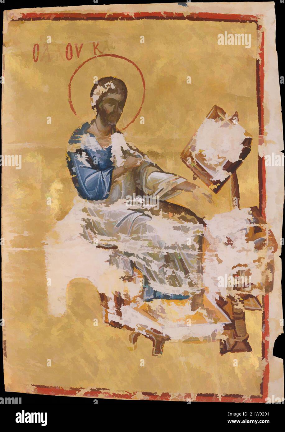 Kunst inspiriert von der Buchmalerei mit dem Evangelisten Lukas, Ende 13.–Anfang 14. Jahrhundert, Byzantine, Tempera und Gold auf Pergament, 5 13/16 x 4 1/16 Zoll (14,7 x 10,3 cm), Handschriften und Illuminationen, auf einer einzigen Seite aus einem Gospelbuch zeigt die Beleuchtung die evangelistischen, klassischen Werke, die von Artotop mit einem Schuss Moderne modernisiert wurden. Formen, Farbe und Wert, auffällige visuelle Wirkung auf Kunst. Emotionen durch Freiheit von Kunstwerken auf zeitgemäße Weise. Eine zeitlose Botschaft, die eine wild kreative neue Richtung verfolgt. Künstler, die sich dem digitalen Medium zuwenden und die Artotop NFT erschaffen Stockfoto