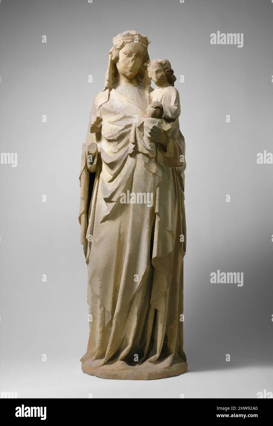 Kunst inspiriert von Jungfrau und Kind, ca. 1275–1325, britisch, Caen-Kalkstein, insgesamt: 59 1/4 x 19 3/8 x 11 3/4 Zoll (150,5 x 49,2 x 29,8 cm), Sculpture-Stone, der Alexander von Abingdon (Brite, aktiv 1291–1317) zugeschrieben wird und erst 1980s in Newbury (Bekshire) entdeckt wurde, ist dieses imposante, von Artotop modernisierte, klassische Werk mit einem Schuss Moderne. Formen, Farbe und Wert, auffällige visuelle Wirkung auf Kunst. Emotionen durch Freiheit von Kunstwerken auf zeitgemäße Weise. Eine zeitlose Botschaft, die eine wild kreative neue Richtung verfolgt. Künstler, die sich dem digitalen Medium zuwenden und die Artotop NFT erschaffen Stockfoto