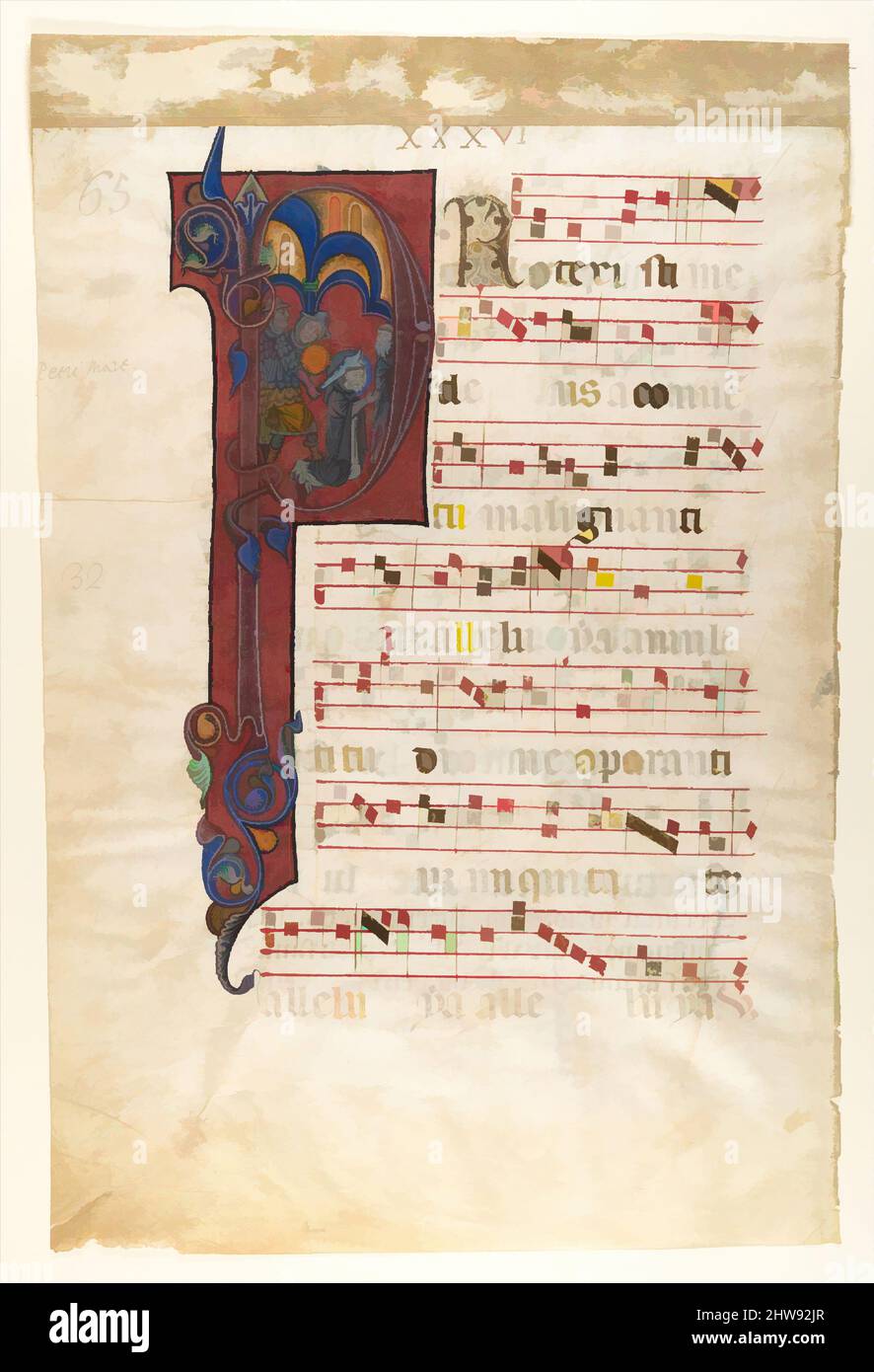 Kunst inspiriert von Manuskript Blatt mit dem Martyrium des heiligen Peter Märtyrer in einem initialen P, aus einem allmählichen, ca. 1270–80, hergestellt wahrscheinlich in Neapel, Italien, Süditalien, Tempera und Tusche auf Pergament, 18 11/16 x 13 3/16 Zoll (47,5 x 33,5 cm), Handschriften und Illuminationen, St. Peter Martyr, Klassisches Werk, das von Artotop mit einem Schuss Moderne modernisiert wurde. Formen, Farbe und Wert, auffällige visuelle Wirkung auf Kunst. Emotionen durch Freiheit von Kunstwerken auf zeitgemäße Weise. Eine zeitlose Botschaft, die eine wild kreative neue Richtung verfolgt. Künstler, die sich dem digitalen Medium zuwenden und die Artotop NFT erschaffen Stockfoto