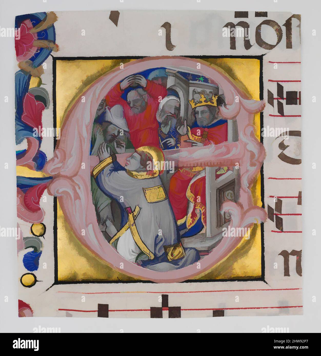 Kunst inspiriert von der Manuscript Illumination mit dem Martyrium des heiligen Stephanus in einem ersten E, aus einem graduellen, ca. 1394–1402, Made in Bologna, Italien, Italienisch, Tempera, Gold und Tinte auf Pergament, insgesamt: 7 1/2 x 6 15/16 Zoll (19 x 17,6 cm), Handschriften und Illuminationen, Niccolò di, Klassische Werke, die von Artotop mit einem Schuss Moderne modernisiert wurden. Formen, Farbe und Wert, auffällige visuelle Wirkung auf Kunst. Emotionen durch Freiheit von Kunstwerken auf zeitgemäße Weise. Eine zeitlose Botschaft, die eine wild kreative neue Richtung verfolgt. Künstler, die sich dem digitalen Medium zuwenden und die Artotop NFT erschaffen Stockfoto