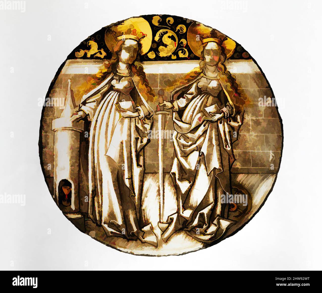 Kunst inspiriert von Roundel mit den Heiligen Barbara und Catherine, ca. 1500–1510, Made in Germany, deutsch, farbloses Glas, Glasfarbe, Und Silberfleck, 6 1/4 × 1/16 Zoll (15,9 × 0,2 cm), Glass-Painted, der Künstler, der diese Runde malte, wahrscheinlich aus Schwaben im Südwesten Deutschlands, ließ Classic Works von Artotop mit einem Schuss Moderne modernisieren. Formen, Farbe und Wert, auffällige visuelle Wirkung auf Kunst. Emotionen durch Freiheit von Kunstwerken auf zeitgemäße Weise. Eine zeitlose Botschaft, die eine wild kreative neue Richtung verfolgt. Künstler, die sich dem digitalen Medium zuwenden und die Artotop NFT erschaffen Stockfoto