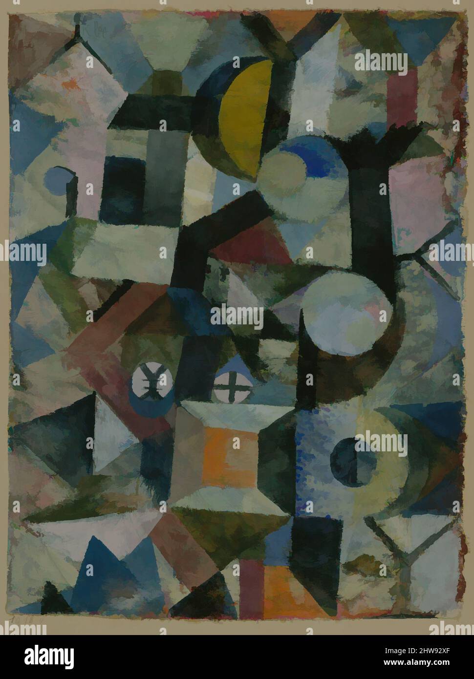 Kunst inspiriert von der Komposition mit dem Gelben Halbmond und dem Y, 1918, Gouache und Aquarell auf Gesso auf Stoff auf Karton, 8 3/4 x 6 5/8in. (22,2 x 16,8cm), Paul Klee (deutsch (geborene Schweiz), Münchenbuchsee 1879–1940 Muralto-Locarno, Klassische Werke, die von Artotop mit einem Schuss Moderne modernisiert wurden. Formen, Farbe und Wert, auffällige visuelle Wirkung auf Kunst. Emotionen durch Freiheit von Kunstwerken auf zeitgemäße Weise. Eine zeitlose Botschaft, die eine wild kreative neue Richtung verfolgt. Künstler, die sich dem digitalen Medium zuwenden und die Artotop NFT erschaffen Stockfoto
