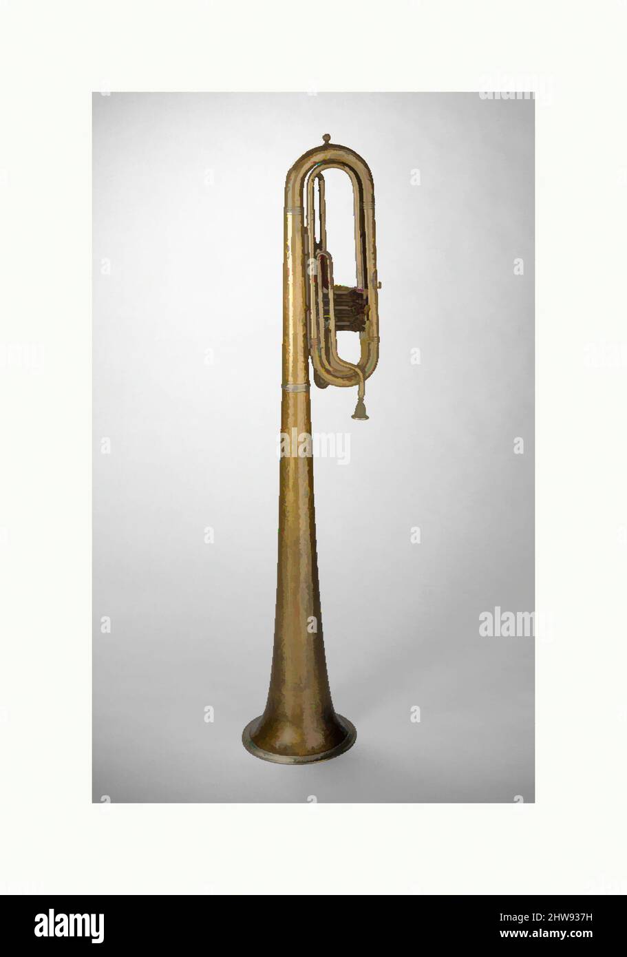 Kunst inspiriert von Over-the-Shoulder Bass Saxhorn in E-Flat, Mitte bis Ende 19. Jahrhundert, Philadelphia, Pennsylvania, USA, Messing, Neusilber, 58 1/8 × 9 3/4 × 11 Zoll (147,6 × 24,8 × 27,9 cm), Aerophone-Lip Vibrated-Trompete / Posaune, Ernest Seltmann (Amerikaner), The, Classic Works modernisiert von Artotop mit einem Schuss Moderne. Formen, Farbe und Wert, auffällige visuelle Wirkung auf Kunst. Emotionen durch Freiheit von Kunstwerken auf zeitgemäße Weise. Eine zeitlose Botschaft, die eine wild kreative neue Richtung verfolgt. Künstler, die sich dem digitalen Medium zuwenden und die Artotop NFT erschaffen Stockfoto