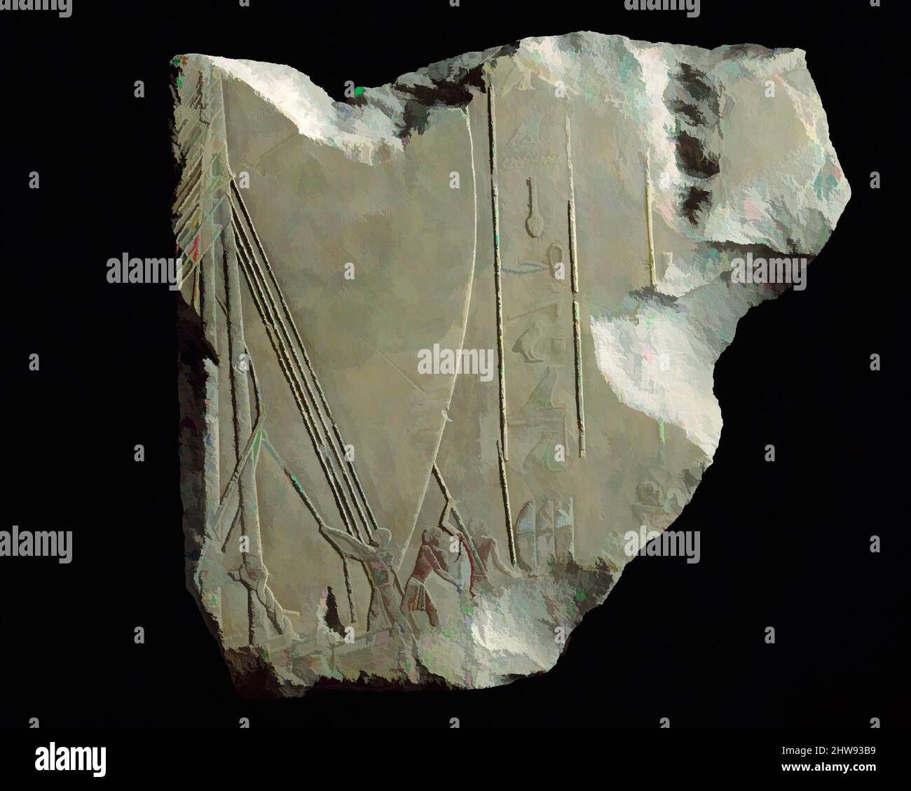 Kunst inspiriert von Relief Fragment mit einem Schiff unter Segel, altes Königreich, Dynastie 4–5, ca. 2465–2458 v. Chr., aus Ägypten, Memphite-Region, Lisht North, Pyramiden-Tempel von Amenemhat I, 1920–22, Kalkstein, Farbspuren, h.. 80 cm (31 1/2 Zoll); mit 70 cm (27 9/16 in), auf diesem Fragment, Teil eines Klassikers, der von Artotop mit einem Schuss Moderne modernisiert wurde. Formen, Farbe und Wert, auffällige visuelle Wirkung auf Kunst. Emotionen durch Freiheit von Kunstwerken auf zeitgemäße Weise. Eine zeitlose Botschaft, die eine wild kreative neue Richtung verfolgt. Künstler, die sich dem digitalen Medium zuwenden und die Artotop NFT erschaffen Stockfoto