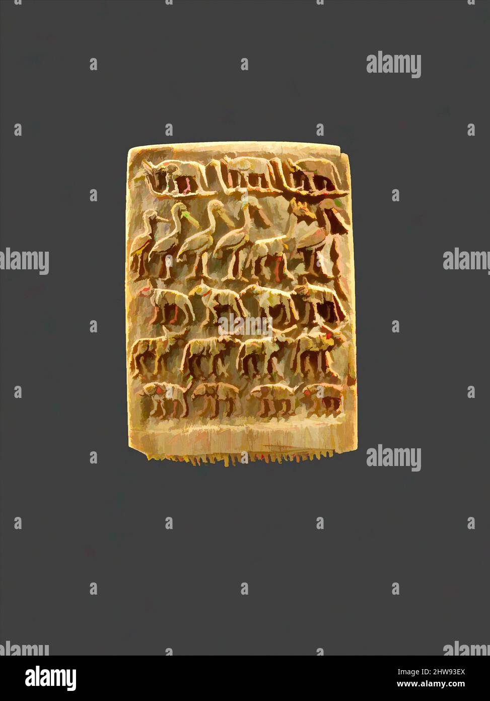 Kunst inspiriert von Haarkamm verziert mit Reihen von wilden Tieren, Prädynastic, spät Naqada III, ca. 3200–3100 v. Chr., aus Ägypten, Elfenbein, H. 5,5 cm (2 3/16 Zoll); mit 3,9 cm (1 9/16 Zoll); th. 0,5 cm (3/16 in), fein geschnitzte Elfenbeinkämme und Messergriffe, die gegen Ende der ägyptischen Zeit hergestellt wurden und von Artotop mit einem Schuss Moderne modernisiert wurden. Formen, Farbe und Wert, auffällige visuelle Wirkung auf Kunst. Emotionen durch Freiheit von Kunstwerken auf zeitgemäße Weise. Eine zeitlose Botschaft, die eine wild kreative neue Richtung verfolgt. Künstler, die sich dem digitalen Medium zuwenden und die Artotop NFT erschaffen Stockfoto