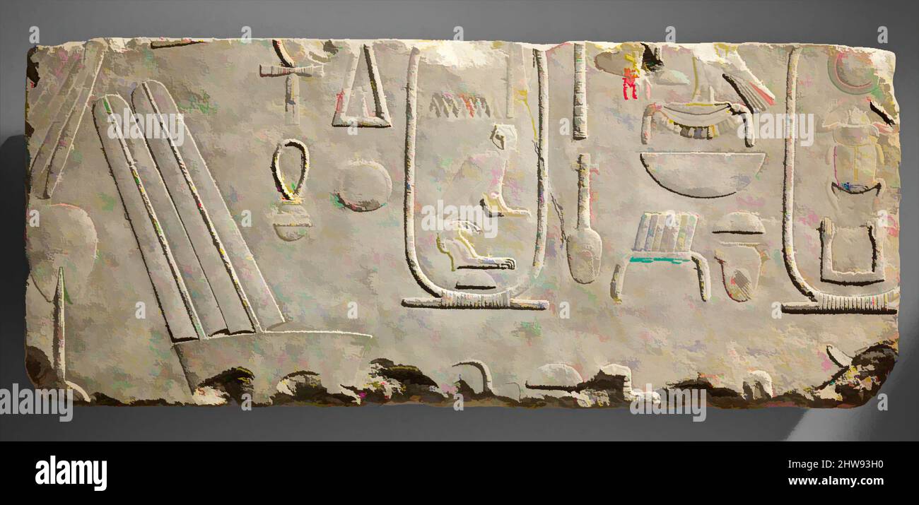 Kunst inspiriert von Relief Block mit den Namen von Amenemhat I und Senwosret I, Middle Kingdom, Dynasty 12, ca. 1962–1952 v. Chr., aus Ägypten, Memphite-Region, Lisht North, Pyramiden-Tempel von Amenemhat I, wiederverwendet im Fundament, 1908–09, Kalkstein, H. 37,5 cm (14 3/4 in.); W. 88,5 cm (34 13/16, Klassische Werke, die von Artotop mit einem Schuss Moderne modernisiert wurden. Formen, Farbe und Wert, auffällige visuelle Wirkung auf Kunst. Emotionen durch Freiheit von Kunstwerken auf zeitgemäße Weise. Eine zeitlose Botschaft, die eine wild kreative neue Richtung verfolgt. Künstler, die sich dem digitalen Medium zuwenden und die Artotop NFT erschaffen Stockfoto