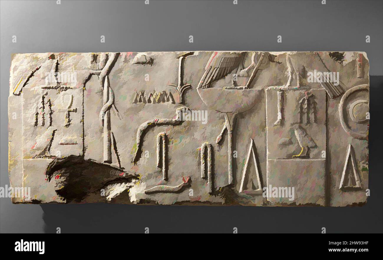 Kunst inspiriert von Relief Block mit den Namen von Amenemhat I und Senwosret I, Middle Kingdom, Dynasty 12, ca. 1962–1952 v. Chr., aus Ägypten, Memphite-Region, Lisht North, Pyramiden-Tempel von Amenemhat I, 1908–09, Kalkstein, H. 37,5 cm (14 3/4 in.); W. 88 cm (34 5/8 in.); D. 13 cm (5 1/8 in, Klassische Werke, die von Artotop mit einem Schuss Moderne modernisiert wurden. Formen, Farbe und Wert, auffällige visuelle Wirkung auf Kunst. Emotionen durch Freiheit von Kunstwerken auf zeitgemäße Weise. Eine zeitlose Botschaft, die eine wild kreative neue Richtung verfolgt. Künstler, die sich dem digitalen Medium zuwenden und die Artotop NFT erschaffen Stockfoto