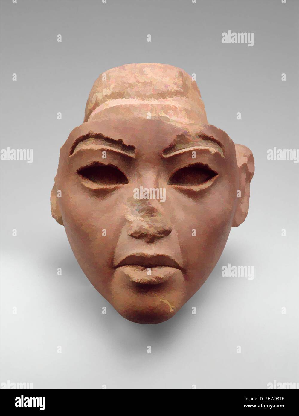 Kunst inspiriert von einem Gesicht aus einer zusammengesetzten Statue, wahrscheinlich Königin Tiye, New Kingdom, Amarna-Zeit, Dynastie 18, Ca. 1353–1336 v. Chr., aus Ägypten; wahrscheinlich aus Mittelägypten, Amarna (Akhetaten), Quarzit, H. 13,3 cm (5 1/4 in.); W. 12,5 cm (4 15/16 in.); D. 12,4 cm (4 7/8 in.), dieser Quarzit, Klassische Werke, die von Artotop mit einem Schuss Moderne modernisiert wurden. Formen, Farbe und Wert, auffällige visuelle Wirkung auf Kunst. Emotionen durch Freiheit von Kunstwerken auf zeitgemäße Weise. Eine zeitlose Botschaft, die eine wild kreative neue Richtung verfolgt. Künstler, die sich dem digitalen Medium zuwenden und die Artotop NFT erschaffen Stockfoto