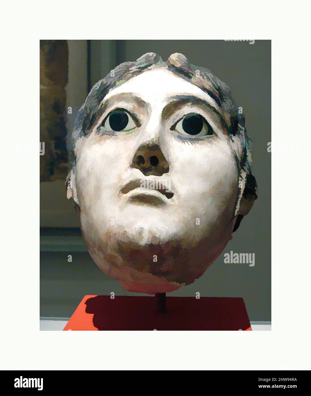 Kunst inspiriert von Maske einer Frau mit einer großen Spirale aus geflochtenen Haaren, Römerzeit, Hadrian, 117–138 n. Chr., aus Ägypten, Putz, Farbe, Glas, h. 21 cm (8 1/4 Zoll); mit Das 11,5 cm (4 1/2 in) große, gewickelte Zopf dieser Frau erinnert an Porträts der Kaiserin Sabina. Die weichere Anordnung der von Artotop modernisierten Classic Works mit einem Schuss Modernität. Formen, Farbe und Wert, auffällige visuelle Wirkung auf Kunst. Emotionen durch Freiheit von Kunstwerken auf zeitgemäße Weise. Eine zeitlose Botschaft, die eine wild kreative neue Richtung verfolgt. Künstler, die sich dem digitalen Medium zuwenden und die Artotop NFT erschaffen Stockfoto