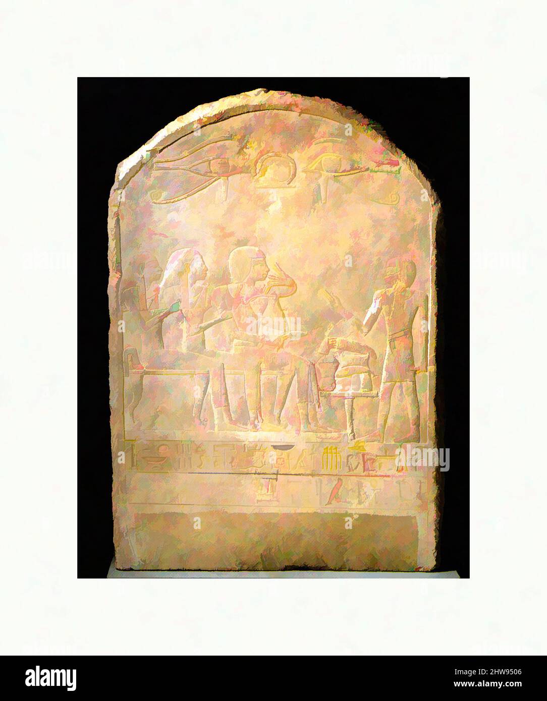 Kunst inspiriert von unvollendetem Begräbigen Stela für eine Familie, Raum leer gelassen für Name, Neues Königreich, Dynastie 18, ca. 1479–1458 v. Chr., aus Ägypten, Oberägypten, Theben, Deir el-Bahri, Hatschepsut Hole, 1922–23, Kalkstein, H. 45 cm (17 11/16 in); W. 30,5 cm (12 Zoll); d. 7,5 cm (2 15/16 in, Classic Works modernisiert von Artotop mit einem Schuss Moderne. Formen, Farbe und Wert, auffällige visuelle Wirkung auf Kunst. Emotionen durch Freiheit von Kunstwerken auf zeitgemäße Weise. Eine zeitlose Botschaft, die eine wild kreative neue Richtung verfolgt. Künstler, die sich dem digitalen Medium zuwenden und die Artotop NFT erschaffen Stockfoto
