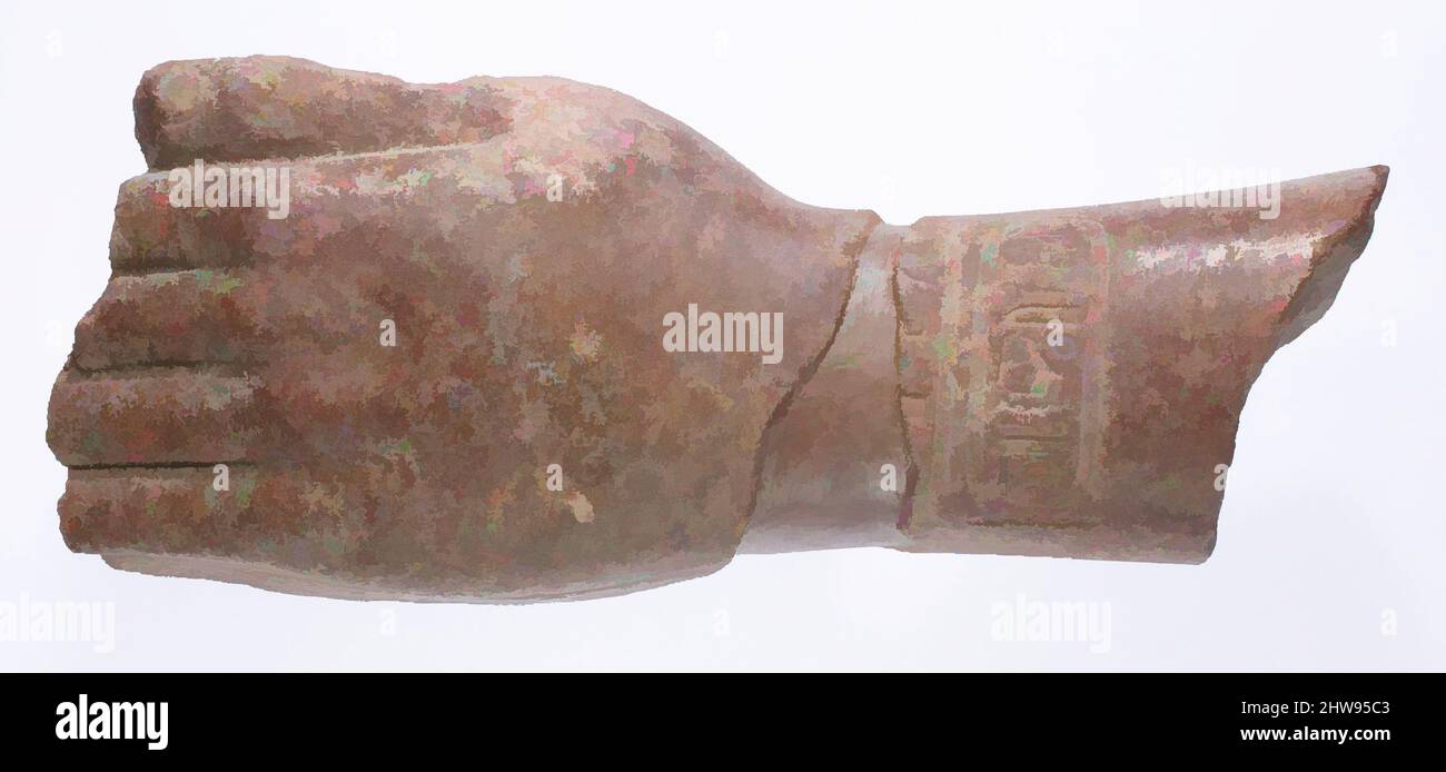 Kunst inspiriert von linkem Hand- und Armfragment mit Aten-Kartuschen von einer Statue, die eine Stele stützt?, Neues Königreich, Amarna-Zeit, Dynastie 18, ca. 1353–1336 v. Chr., aus Ägypten, Mittelägypten, Amarna (Akhetaten), großer Tempel der Aten, Grube vor der Südwand, Petrie/Carter-Ausgrabungen, Klassisches Werk, das von Artotop mit einem Schuss Moderne modernisiert wurde. Formen, Farbe und Wert, auffällige visuelle Wirkung auf Kunst. Emotionen durch Freiheit von Kunstwerken auf zeitgemäße Weise. Eine zeitlose Botschaft, die eine wild kreative neue Richtung verfolgt. Künstler, die sich dem digitalen Medium zuwenden und die Artotop NFT erschaffen Stockfoto