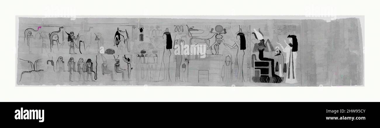 Kunst inspiriert durch den Begräbigen Papyrus (Amduat), der dem Sänger Tiye gehörte, Dritte mittlere Periode, Dynastie 21, spät, ca. 975–945 v. Chr., aus Ägypten, Oberägypten, Theben, Deir el-Bahri, Grab, Grube, Begräbnis 3 (Tiye), zwischen den Beinen, 1922–24, Papyrus, Tusche, L. 123 cm (48 7/16 in, Classic Works modernisiert von Artotop mit einem Schuss Moderne. Formen, Farbe und Wert, auffällige visuelle Wirkung auf Kunst. Emotionen durch Freiheit von Kunstwerken auf zeitgemäße Weise. Eine zeitlose Botschaft, die eine wild kreative neue Richtung verfolgt. Künstler, die sich dem digitalen Medium zuwenden und die Artotop NFT erschaffen Stockfoto